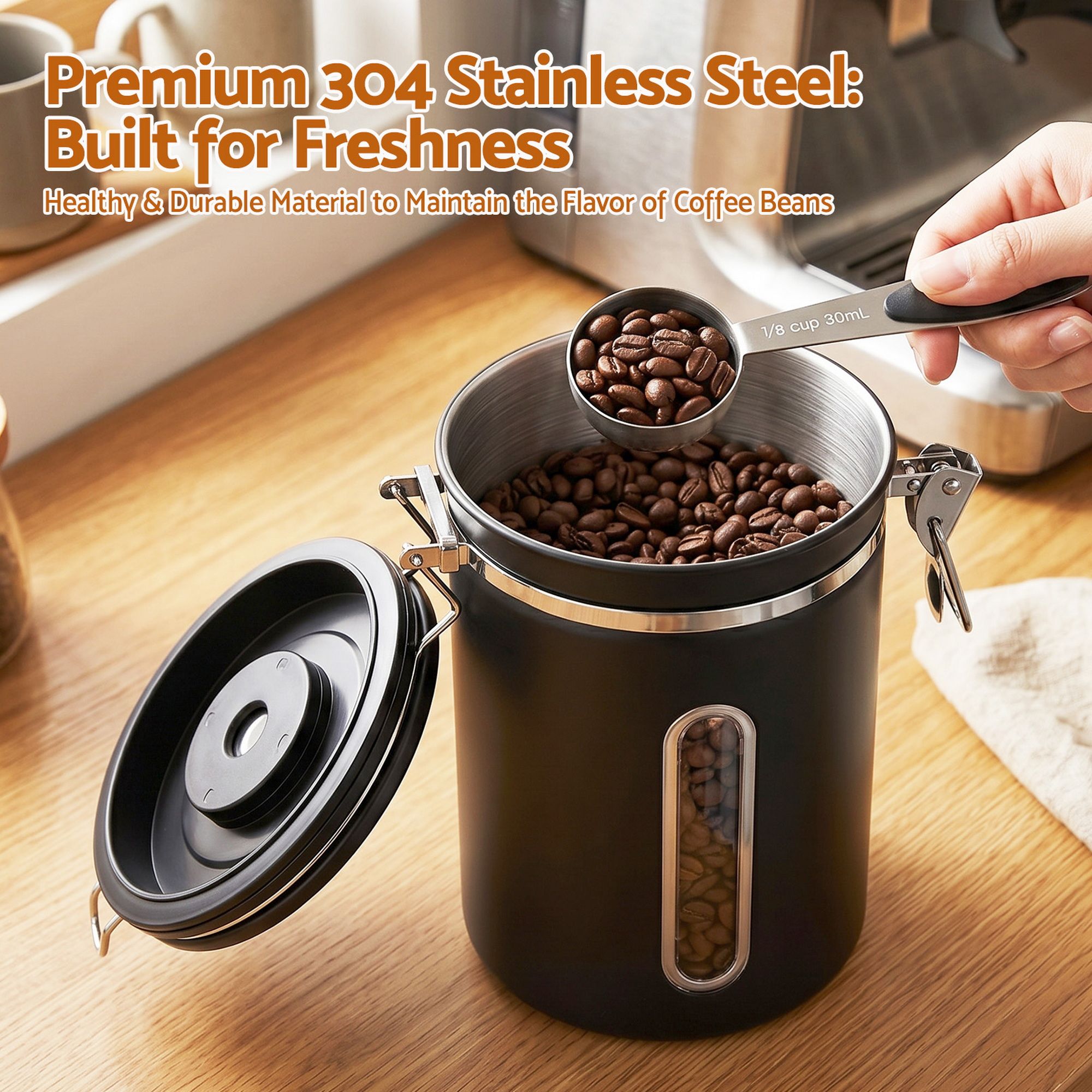 1.8L Stainless Steel Coffee Bean Storage Container with Date Tracker and Scoop - Black