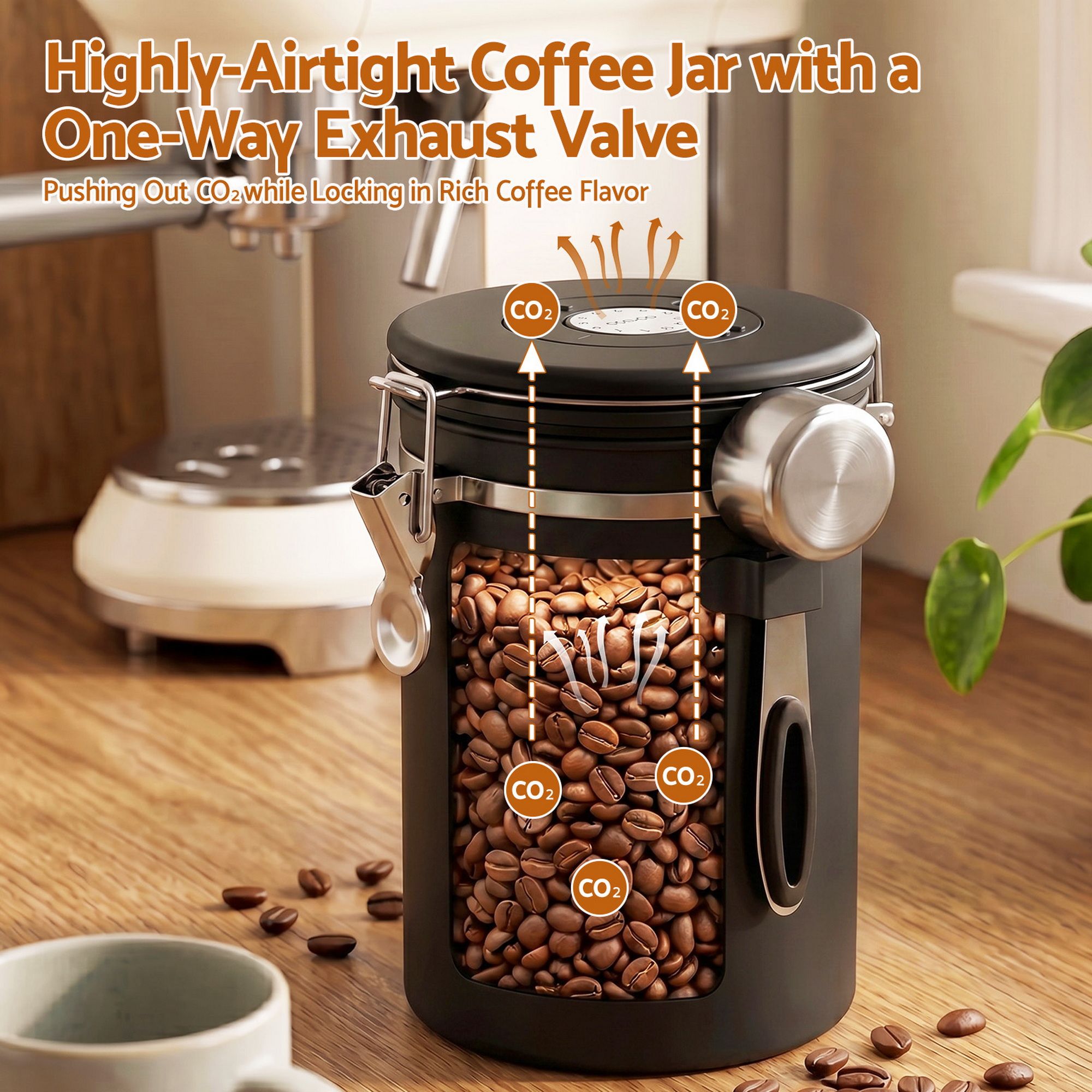 1.8L Stainless Steel Coffee Bean Storage Container with Date Tracker and Scoop - Black