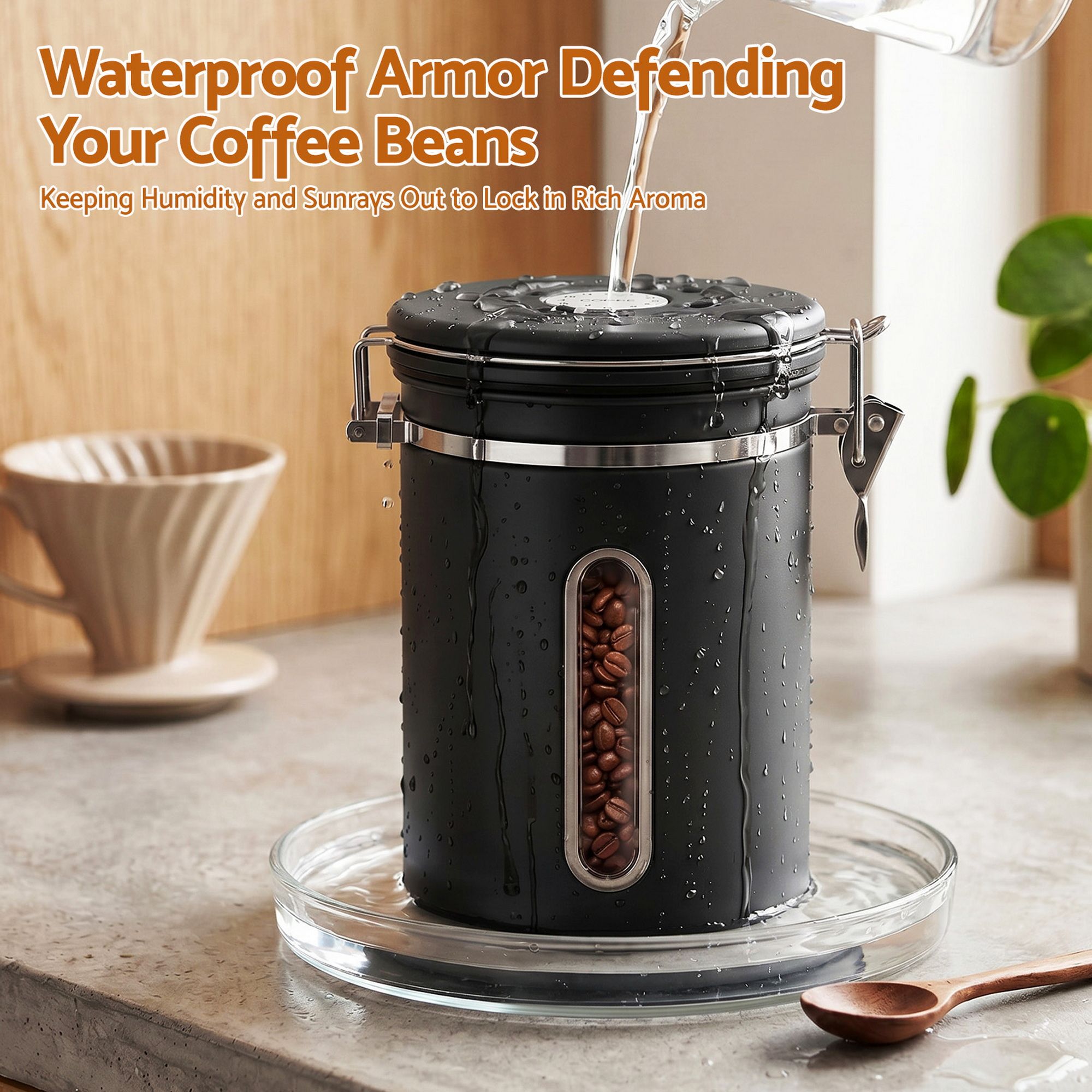 1.8L Stainless Steel Coffee Bean Storage Container with Date Tracker and Scoop - Black