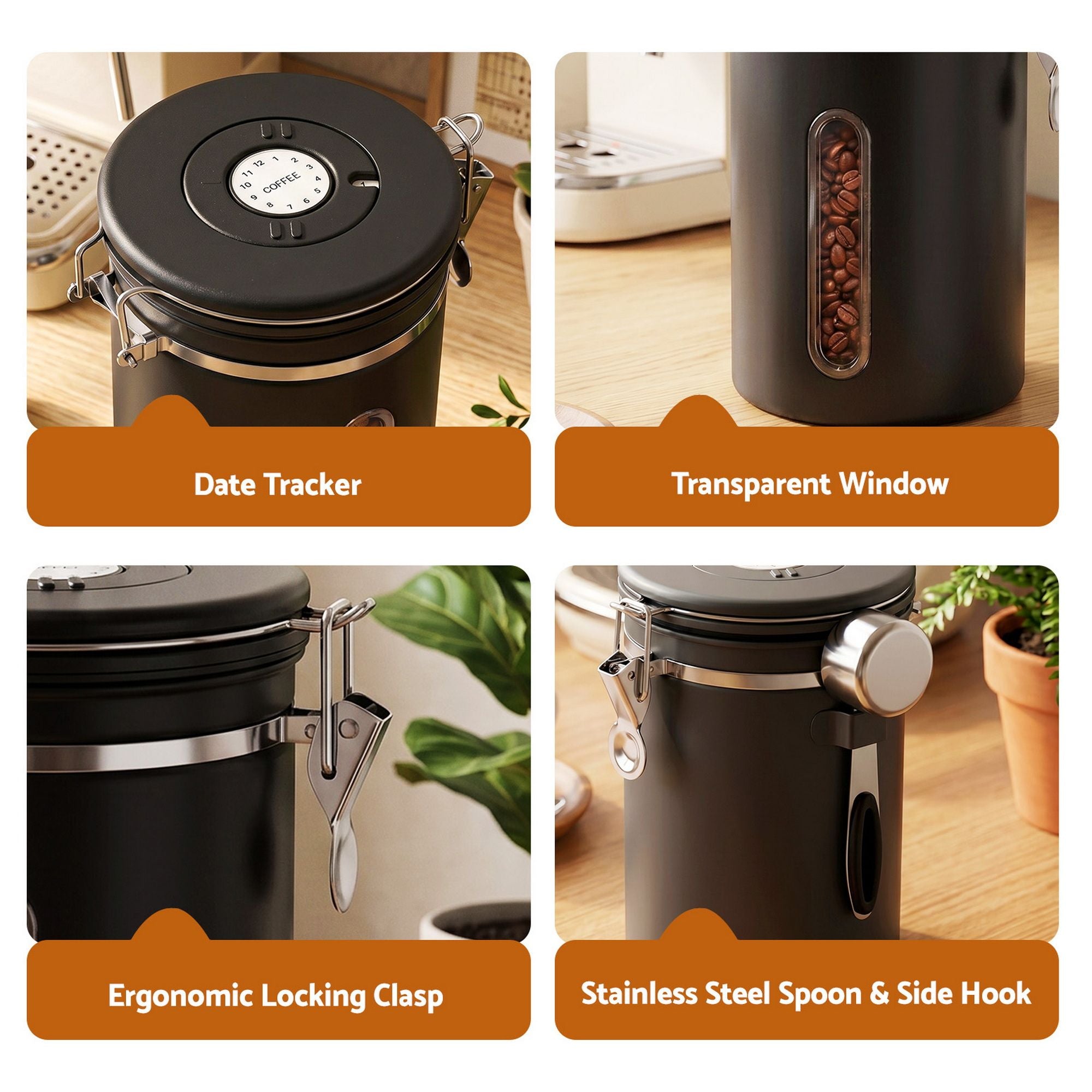 1.8L Stainless Steel Coffee Bean Storage Container with Date Tracker and Scoop - Black