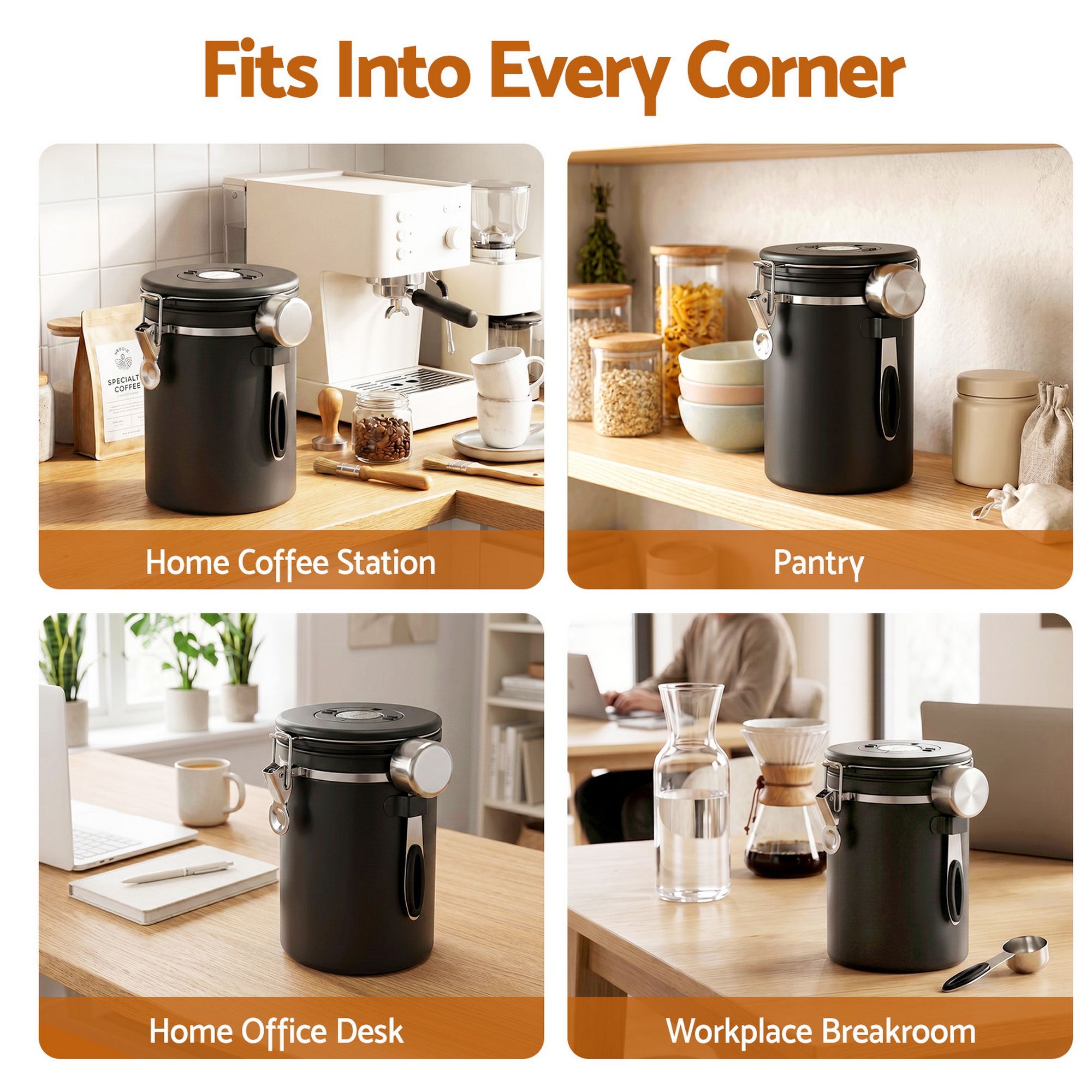 1.8L Stainless Steel Coffee Bean Storage Container with Date Tracker and Scoop - Black