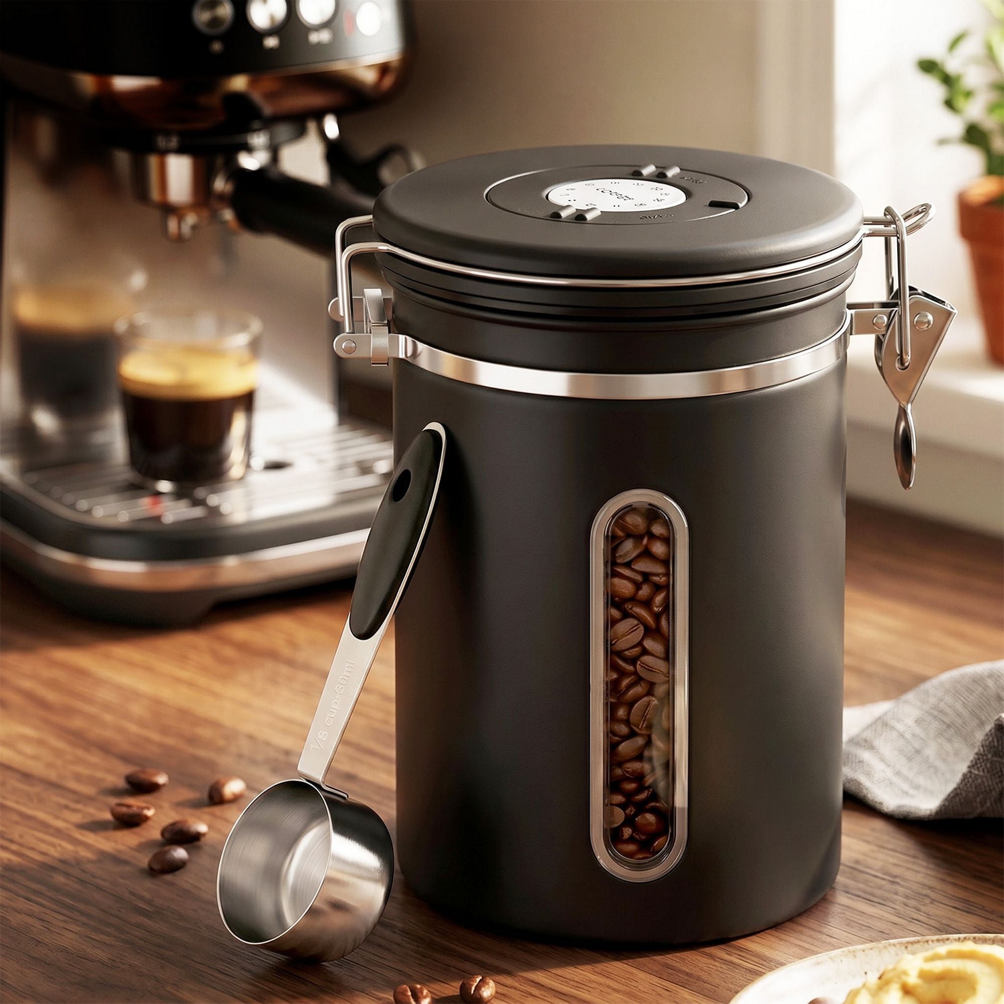 1.8L Stainless Steel Coffee Bean Storage Container with Date Tracker and Scoop - Black