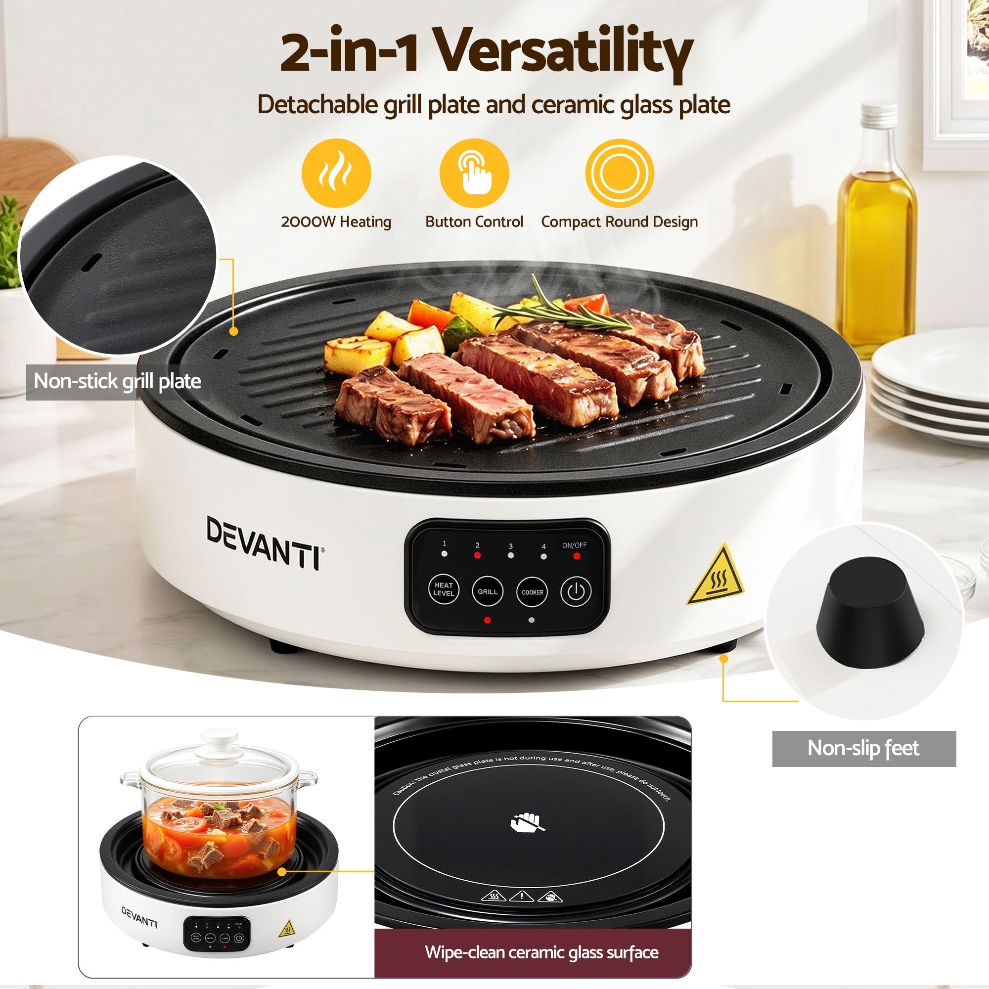 Ceramic Cooktop Electric Hot Plate with Detachable Grill Plate 2000W - White