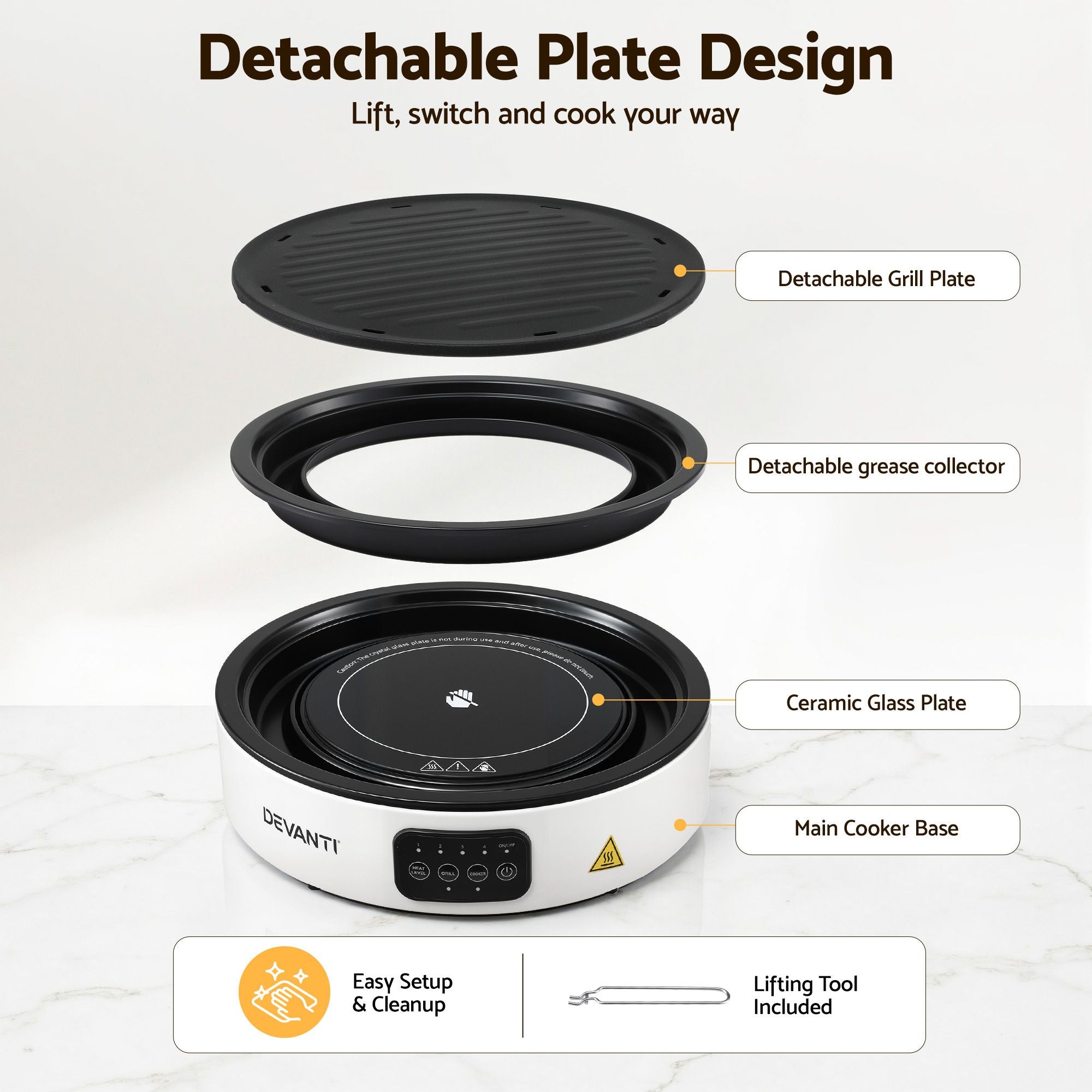 Ceramic Cooktop Electric Hot Plate with Detachable Grill Plate 2000W - White