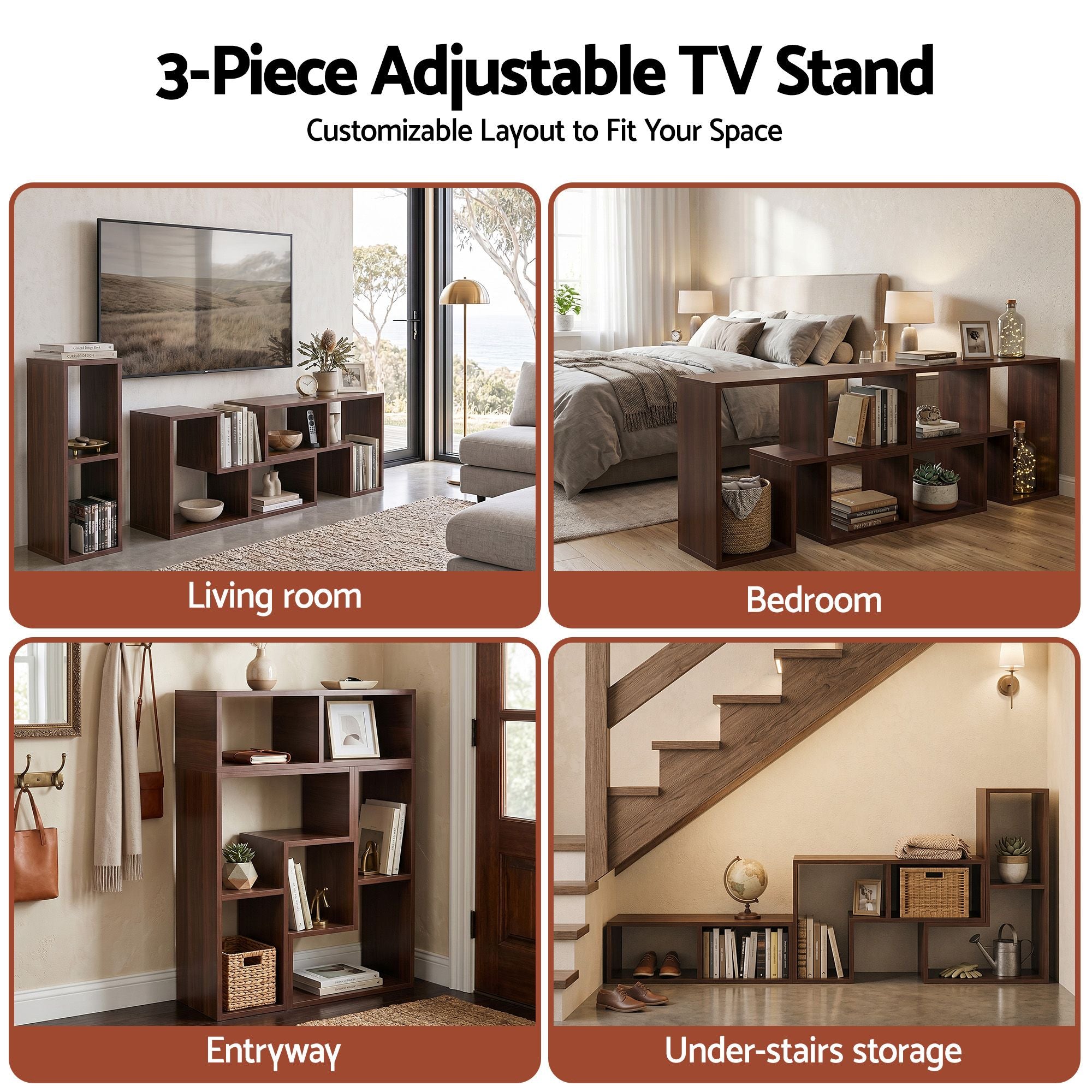 Modular 3-Piece TV Stand Entertainment Unit with Adjustable Shelves - Walnut
