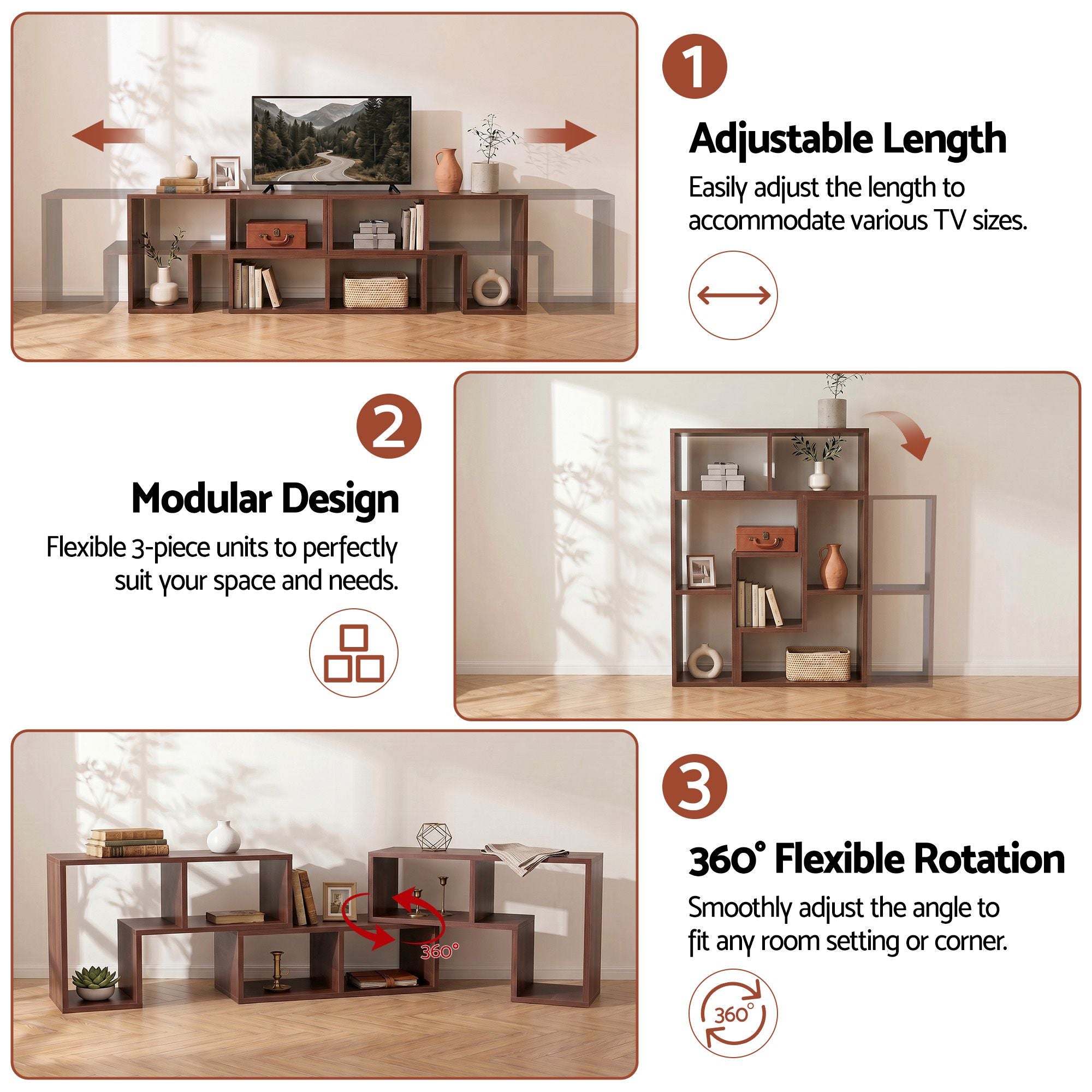 Modular 3-Piece TV Stand Entertainment Unit with Adjustable Shelves - Walnut