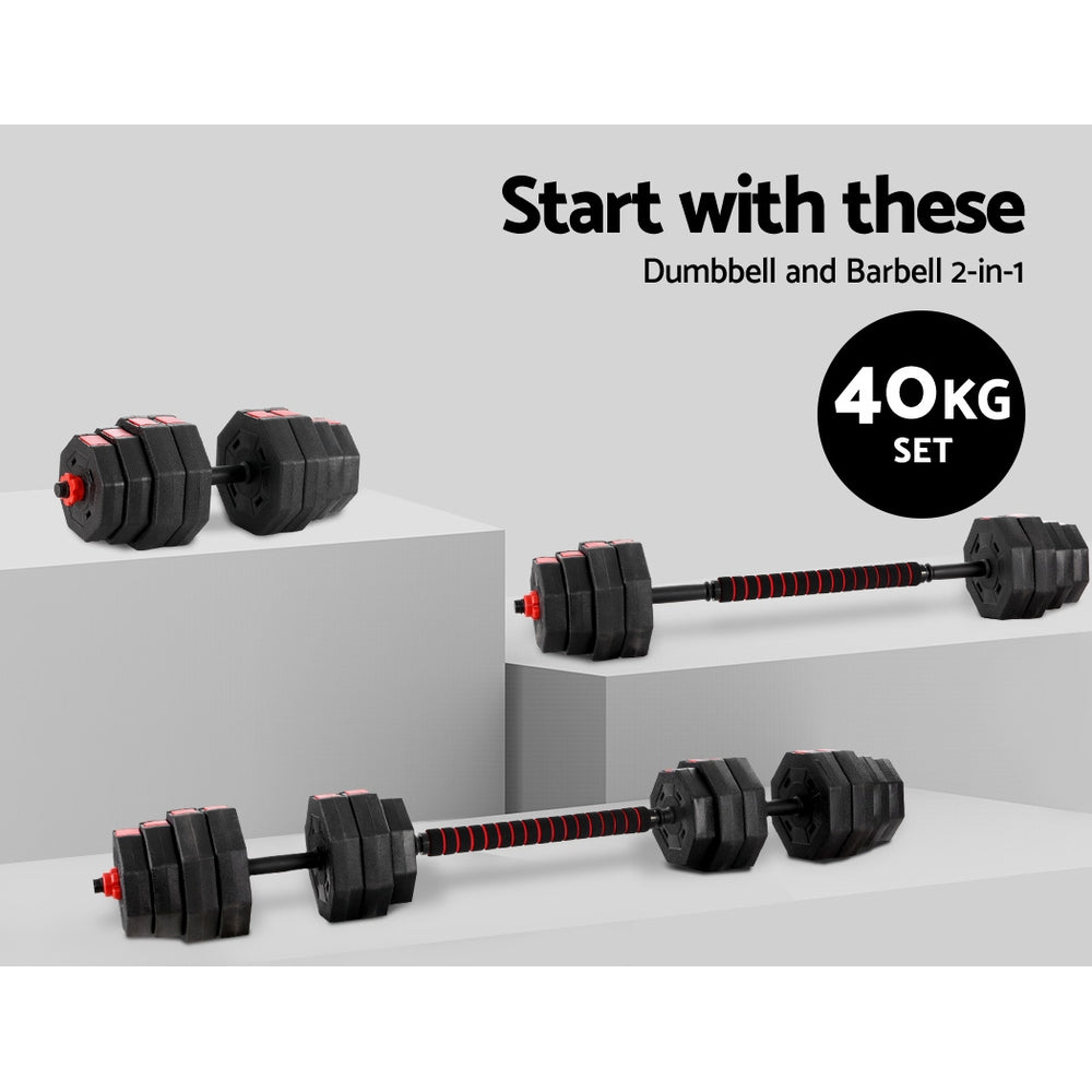 40kg Adjustable Barbell and Dumbbell Weight Lifting Set - Black and Red