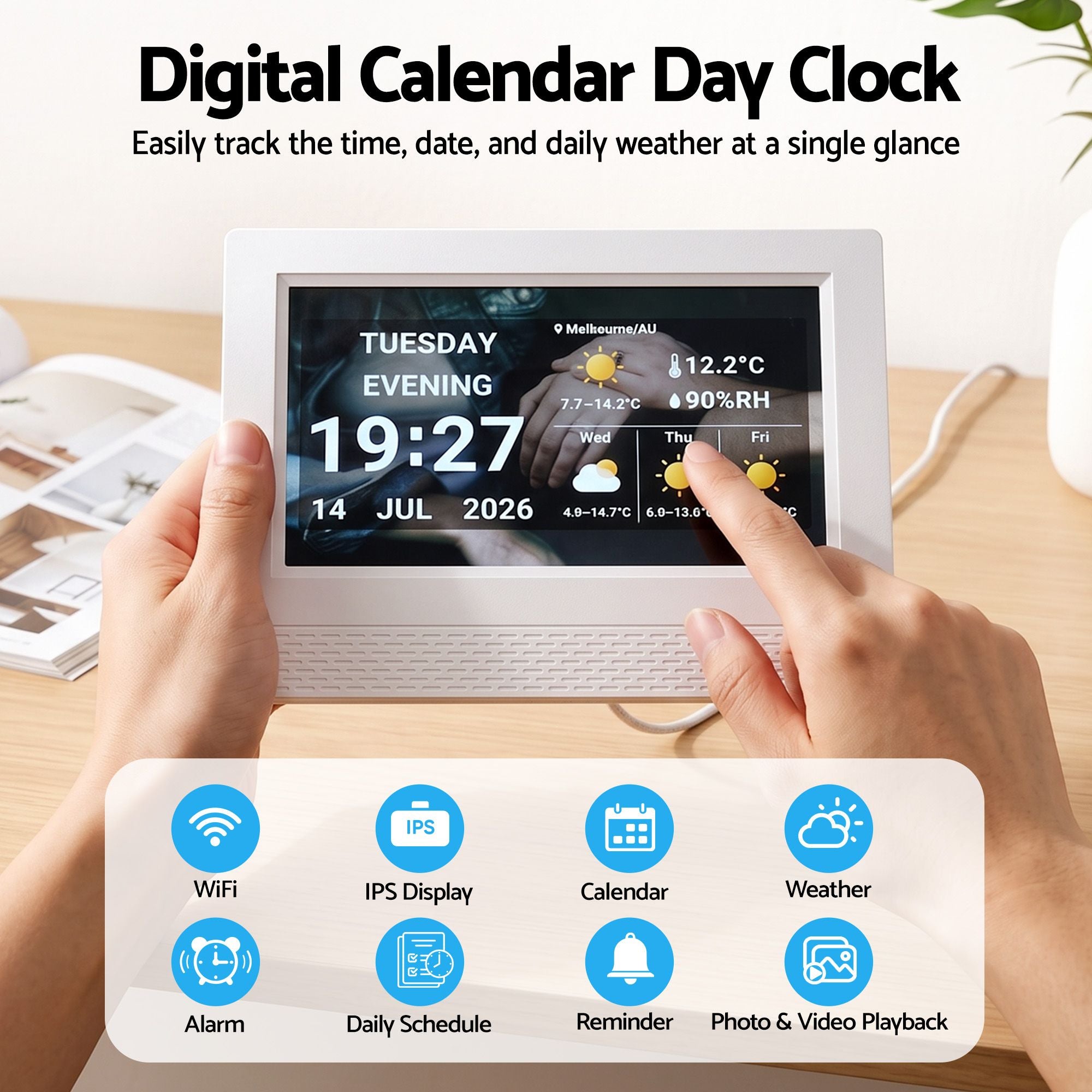 7" Smart Digital Clock Calendar HD IPS Touchscreen Weather Photo Frame