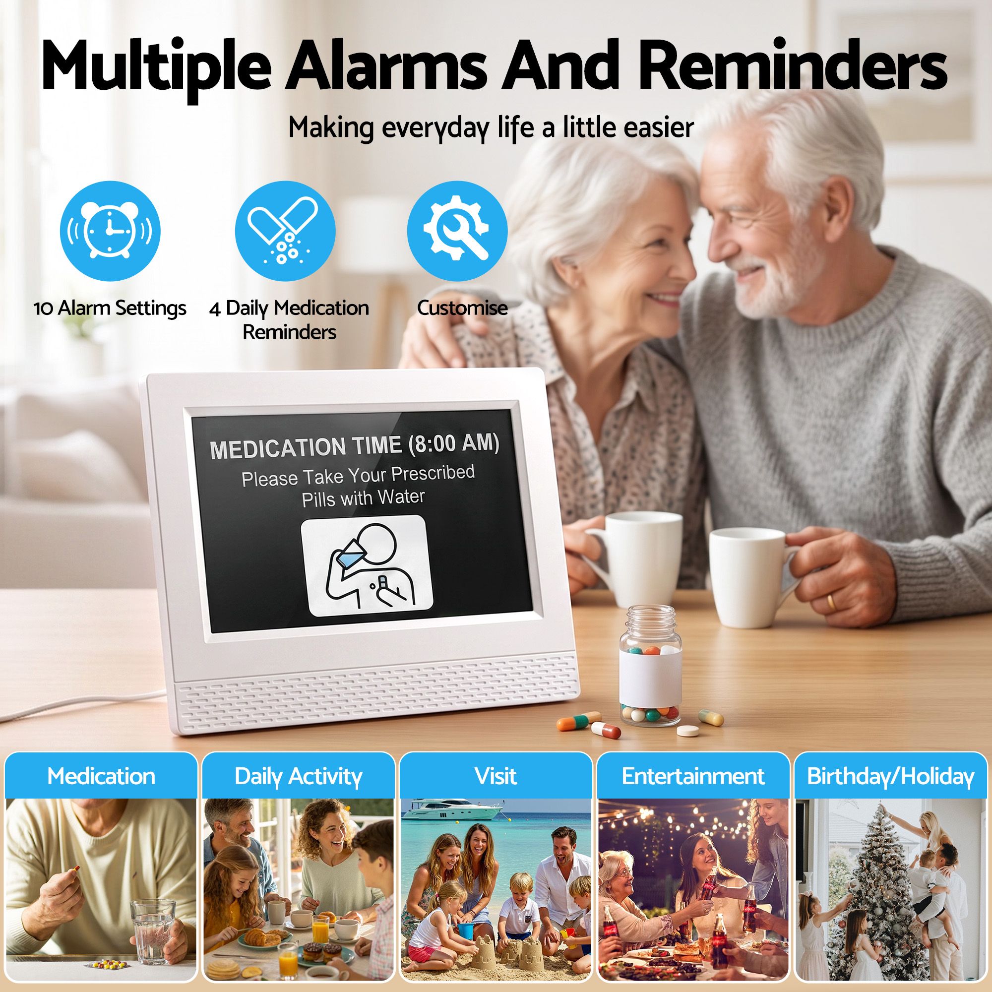 7" Smart Digital Clock Calendar HD IPS Touchscreen Weather Photo Frame