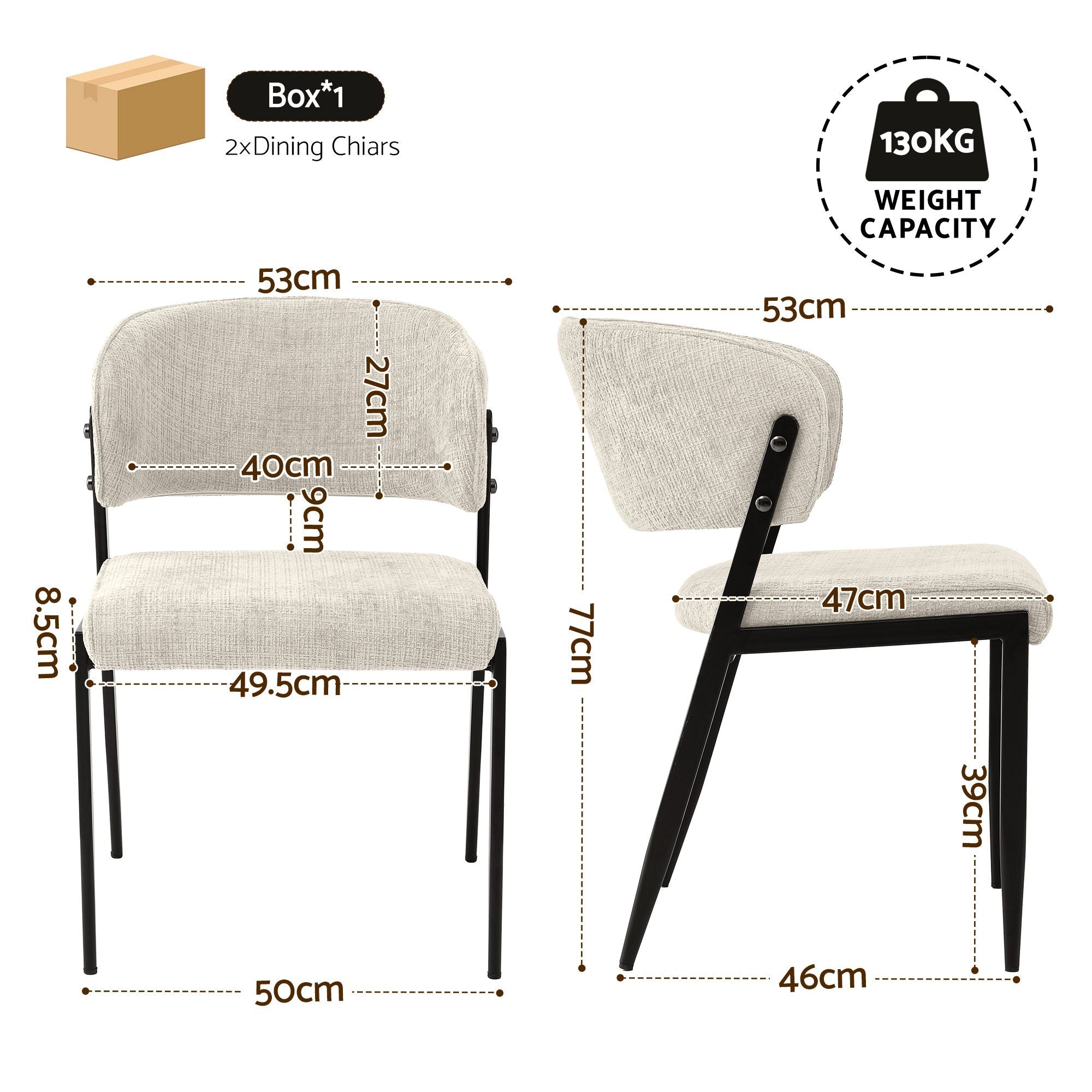 Set of 2 Linen Fabric Upholstered Dining Chairs with Metal Frame - Beige