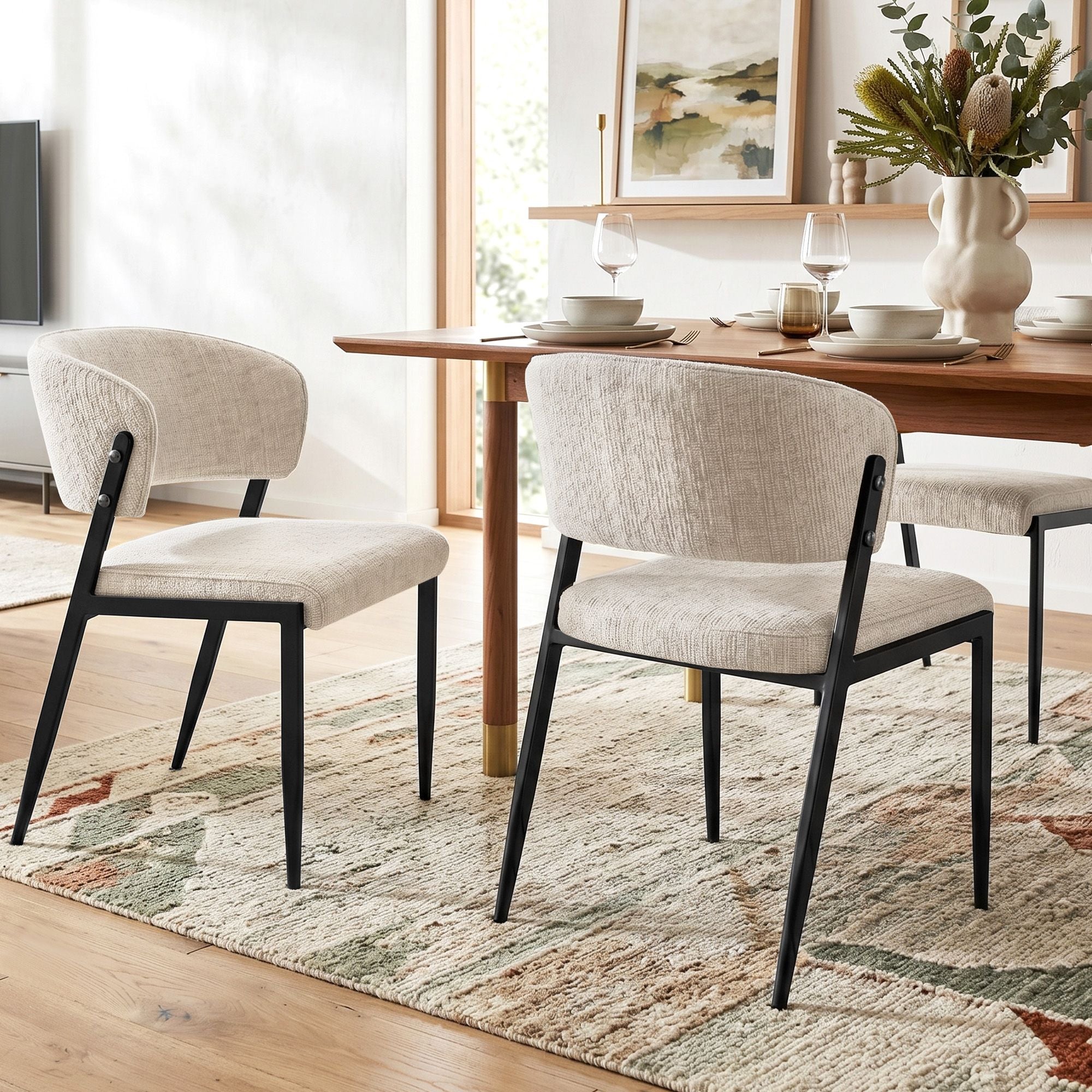Set of 2 Linen Fabric Upholstered Dining Chairs with Metal Frame - Beige