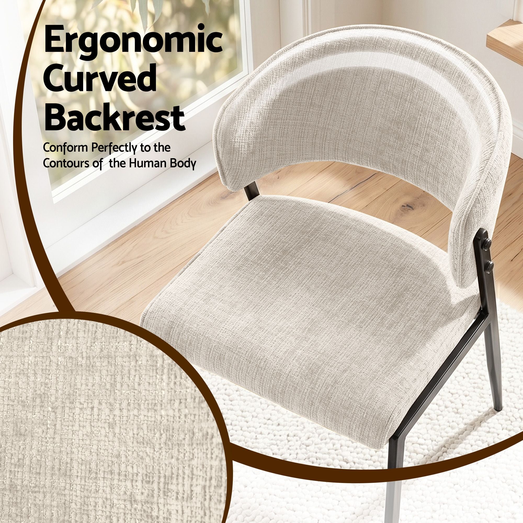 Set of 2 Linen Fabric Upholstered Dining Chairs with Metal Frame - Beige