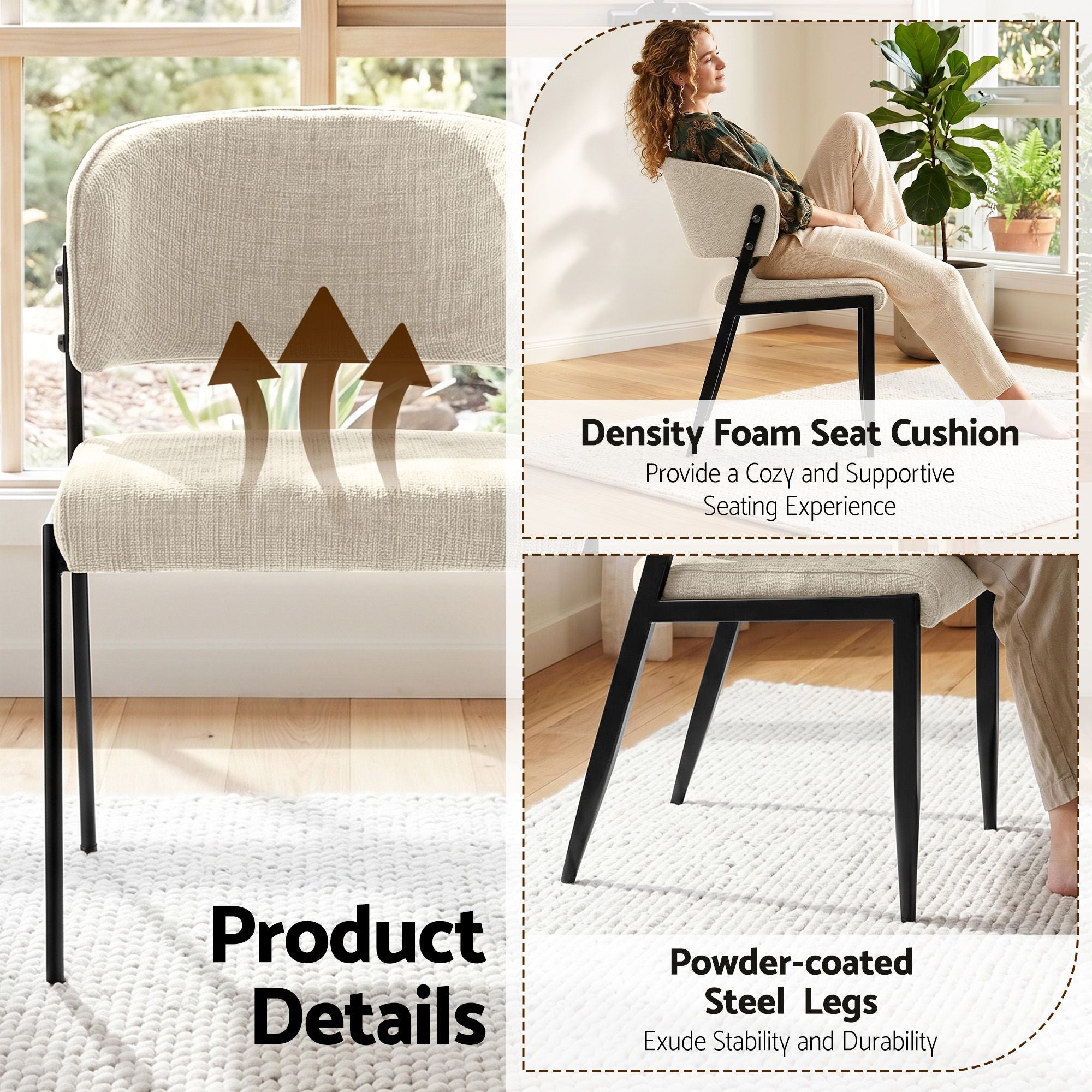 Set of 2 Linen Fabric Upholstered Dining Chairs with Metal Frame - Beige