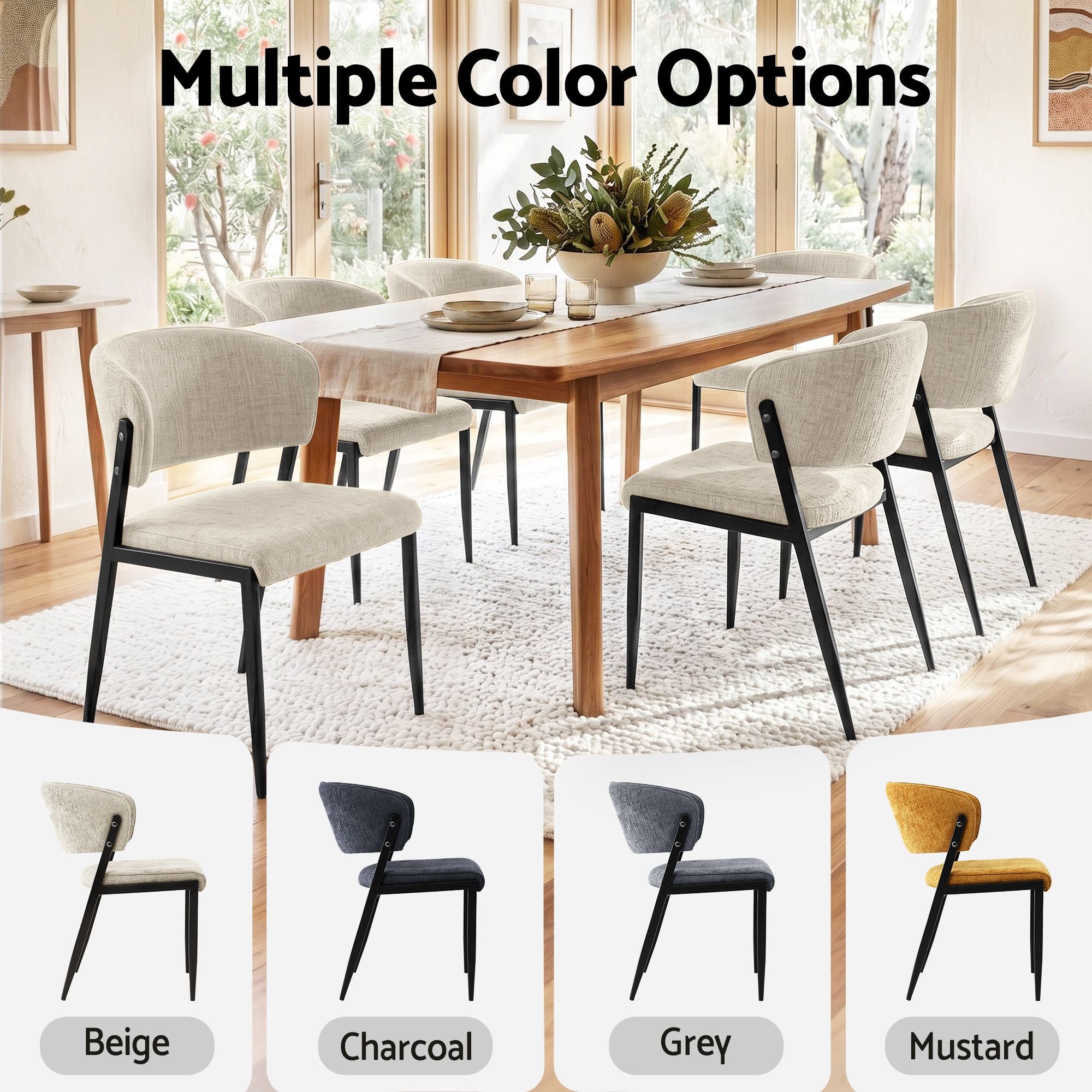 Set of 2 Linen Fabric Upholstered Dining Chairs with Metal Frame - Beige