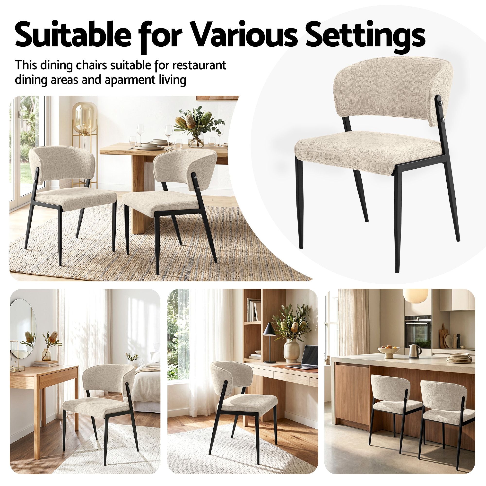 Set of 2 Linen Fabric Upholstered Dining Chairs with Metal Frame - Beige