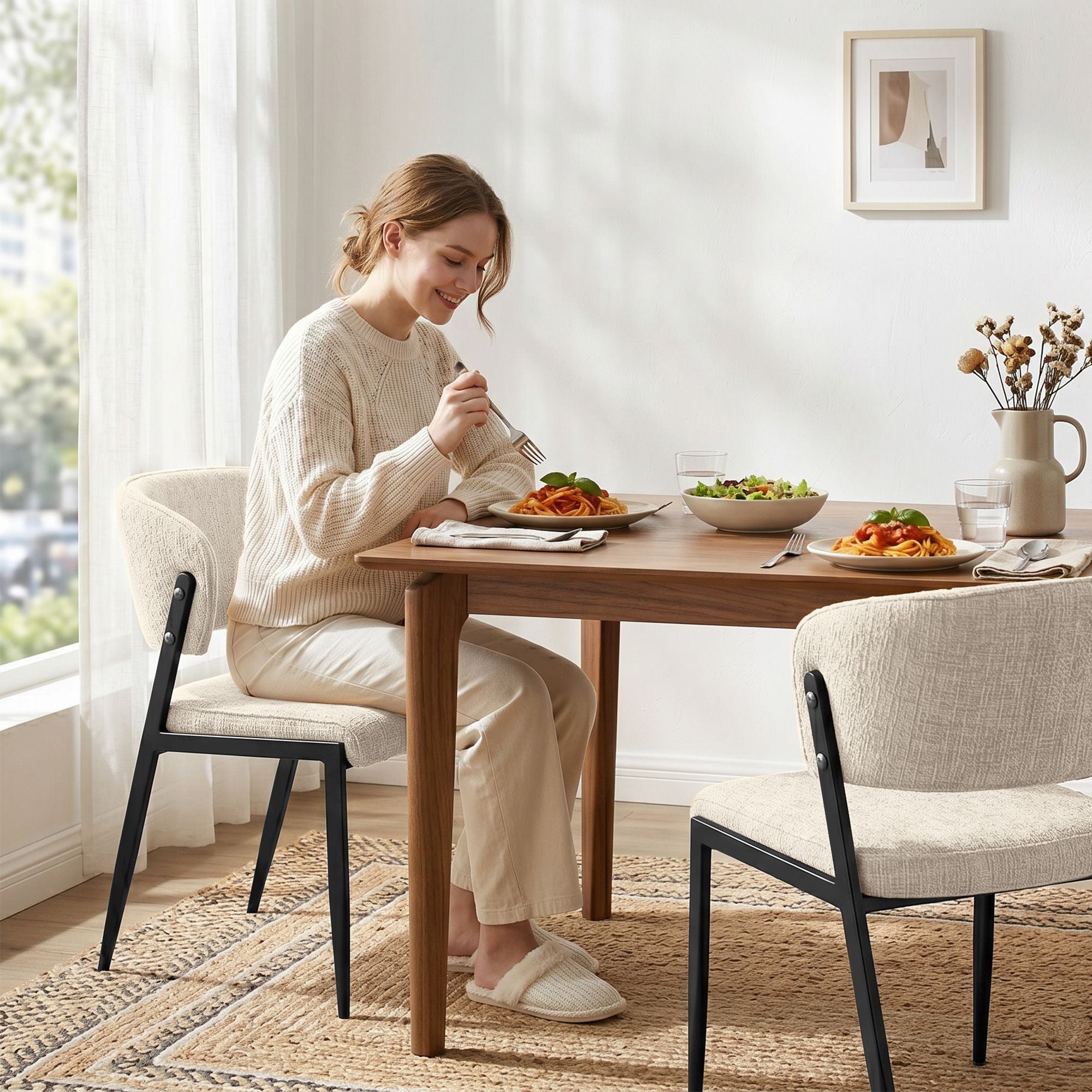 Set of 2 Linen Fabric Upholstered Dining Chairs with Metal Frame - Beige