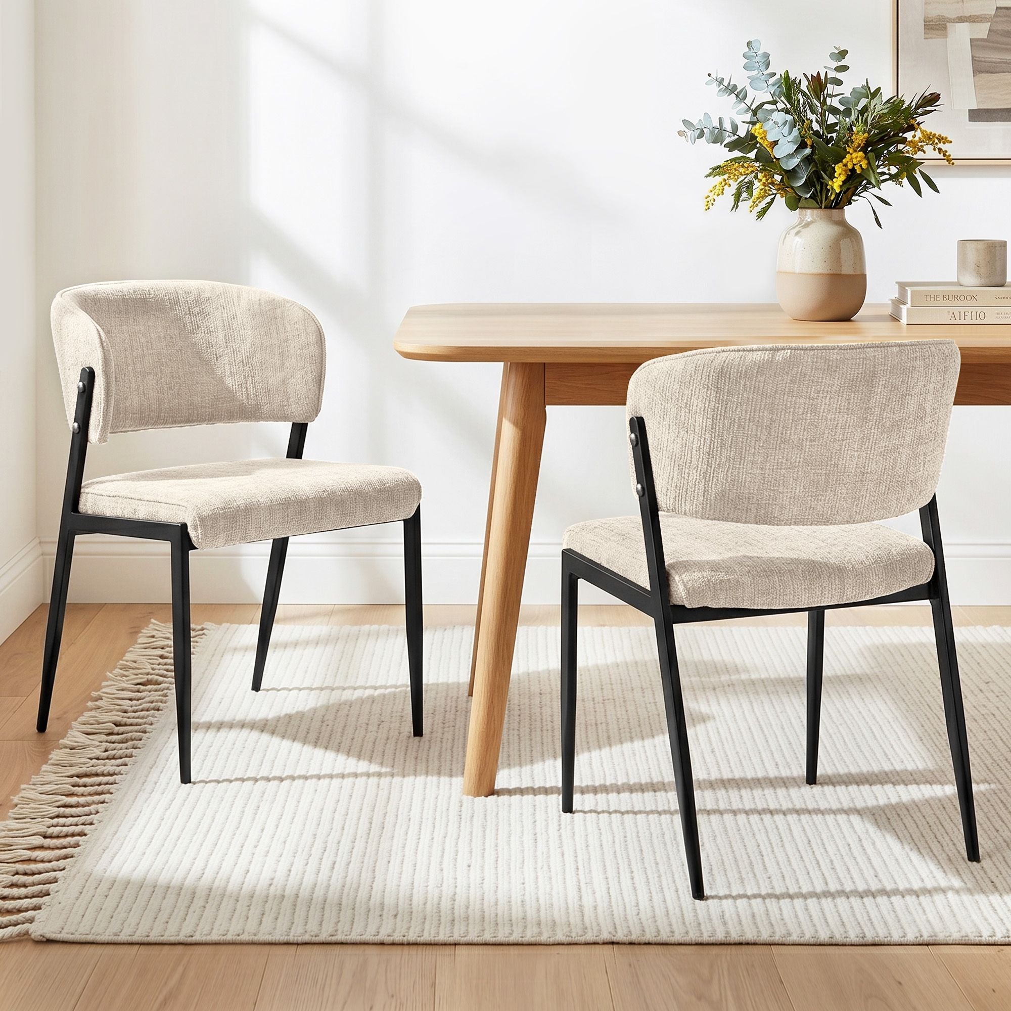 Set of 2 Linen Fabric Upholstered Dining Chairs with Metal Frame - Beige