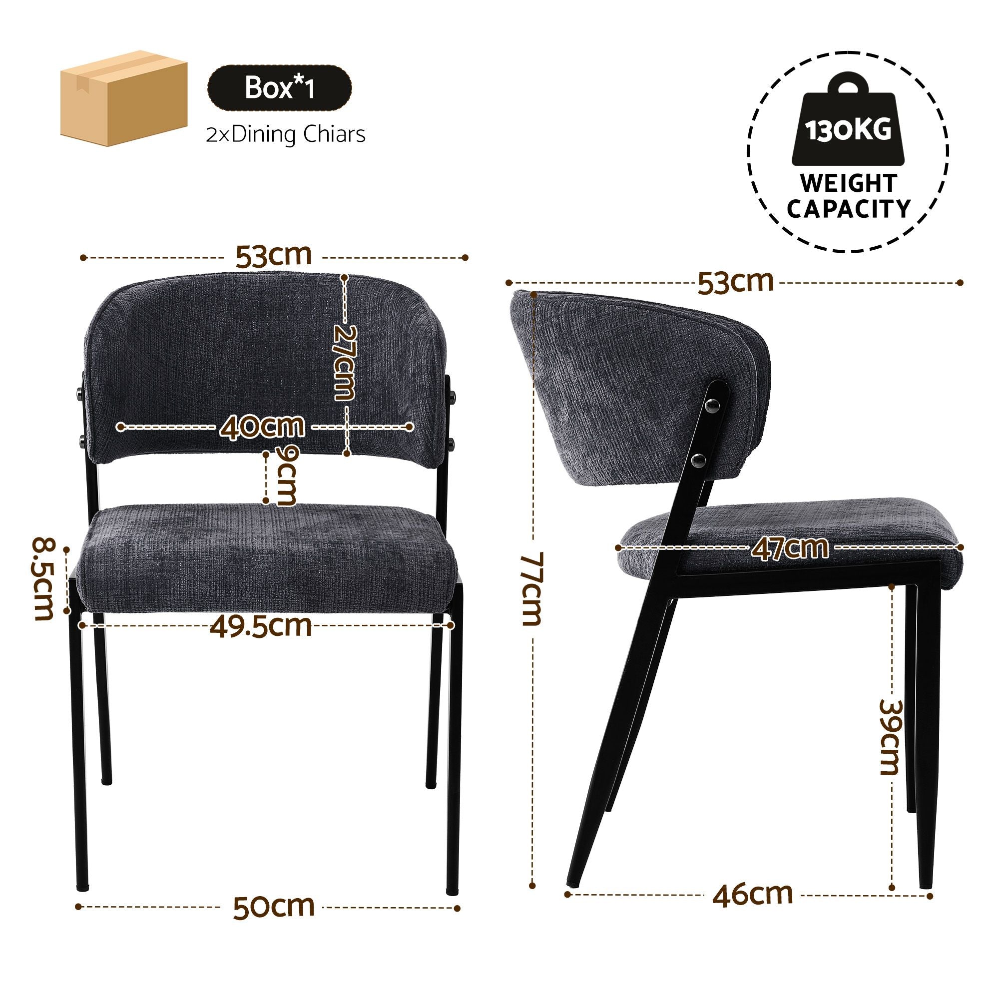 Set of 2 Linen Upholstered Dining Chairs with Metal Frame - Charcoal
