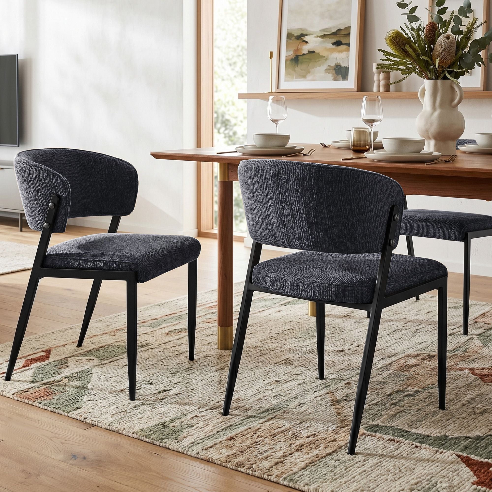 Set of 2 Linen Upholstered Dining Chairs with Metal Frame - Charcoal