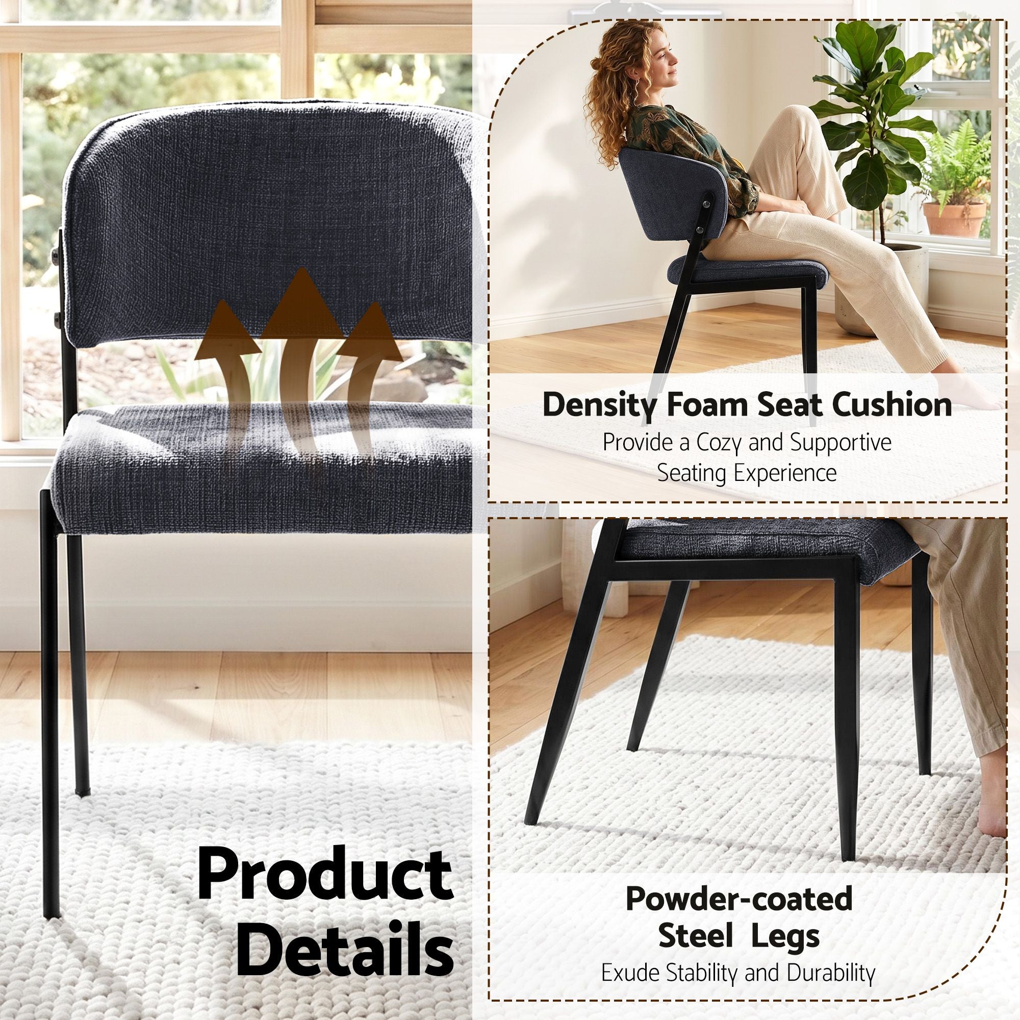 Set of 2 Linen Upholstered Dining Chairs with Metal Frame - Charcoal