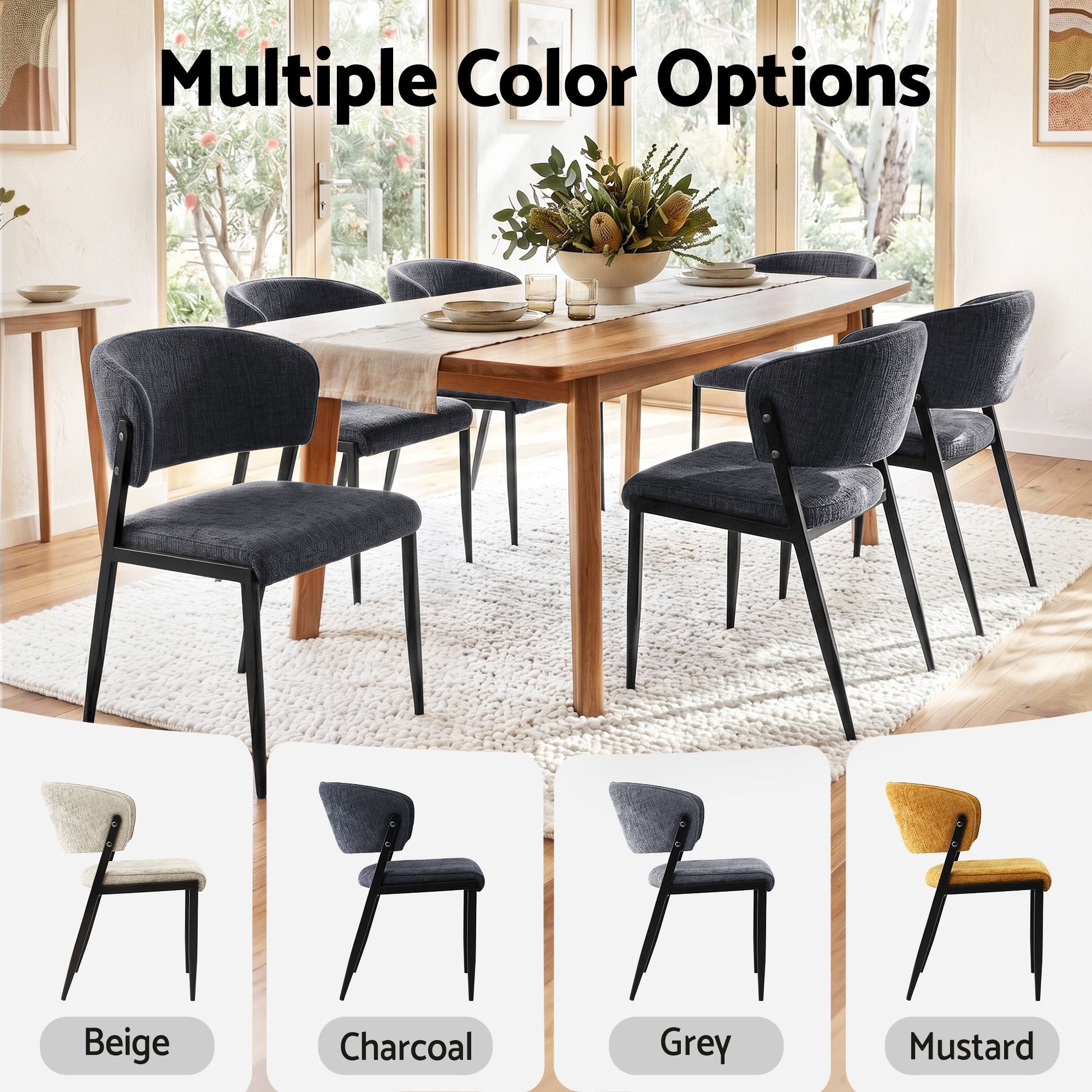 Set of 2 Linen Upholstered Dining Chairs with Metal Frame - Charcoal