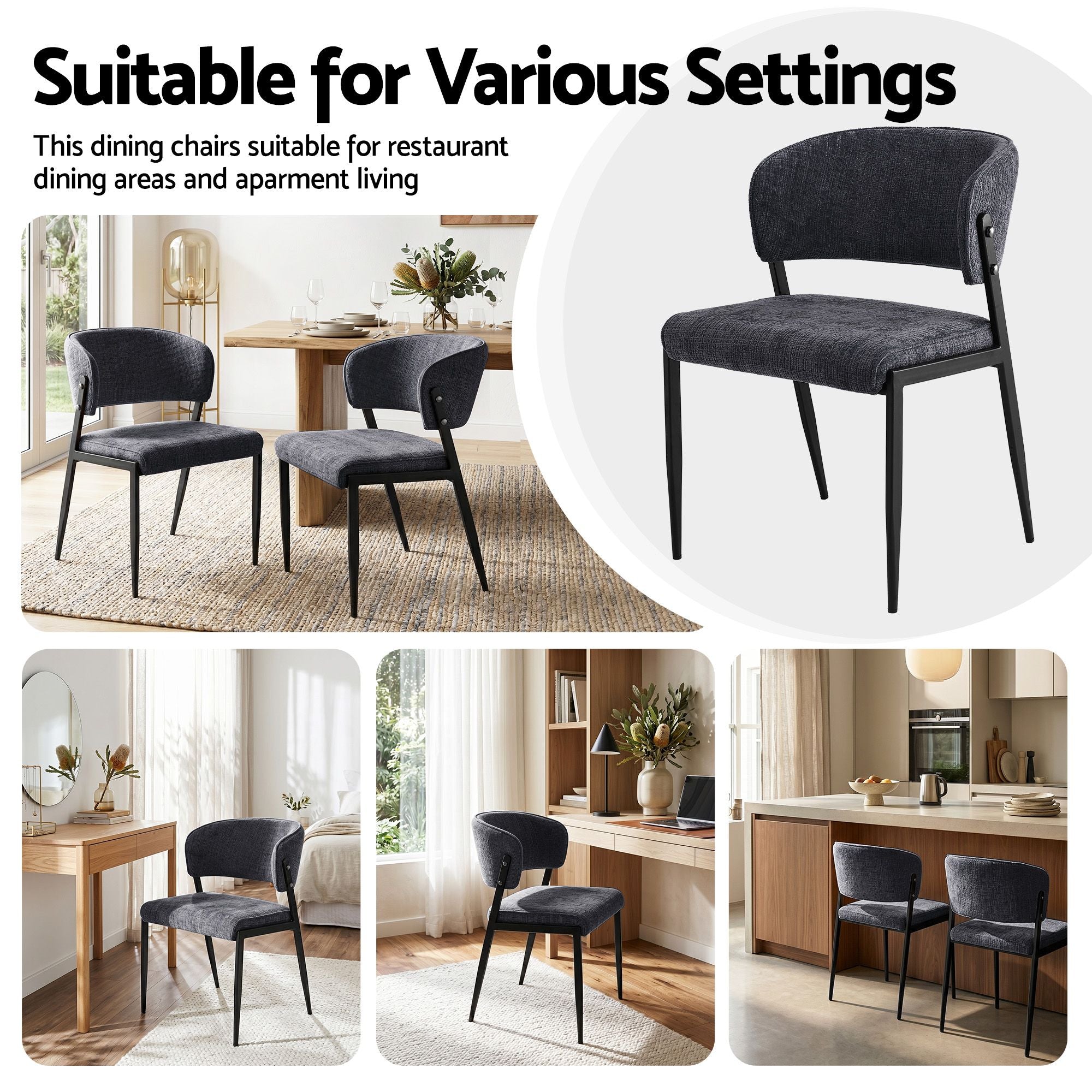 Set of 2 Linen Upholstered Dining Chairs with Metal Frame - Charcoal