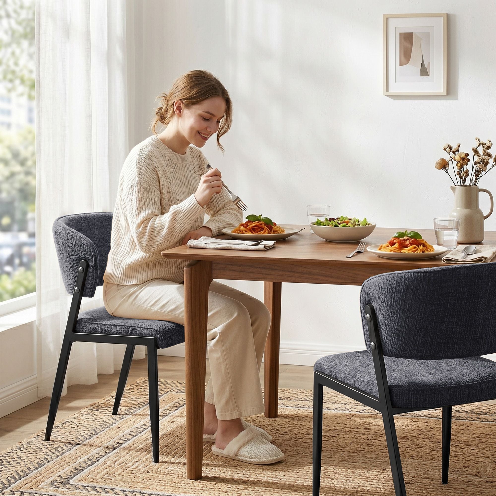 Set of 2 Linen Upholstered Dining Chairs with Metal Frame - Charcoal