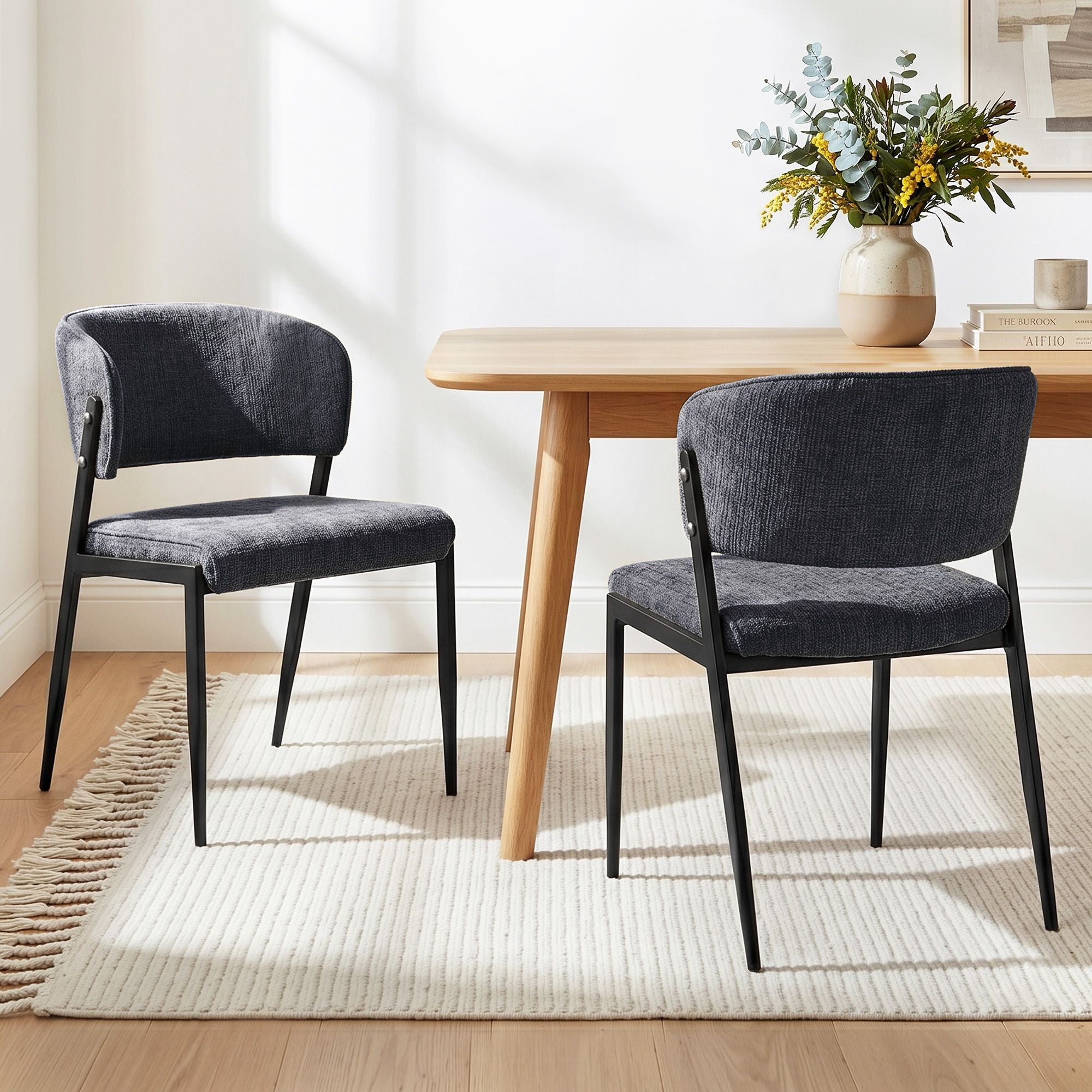 Set of 2 Linen Upholstered Dining Chairs with Metal Frame - Charcoal