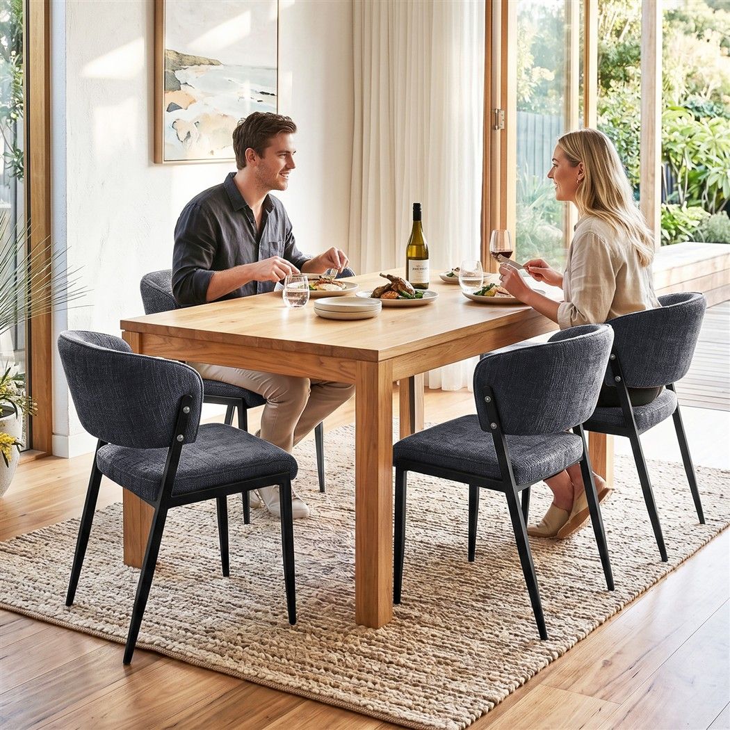 Set of 4 Linen Fabric Upholstered Dining Chairs - Charcoal
