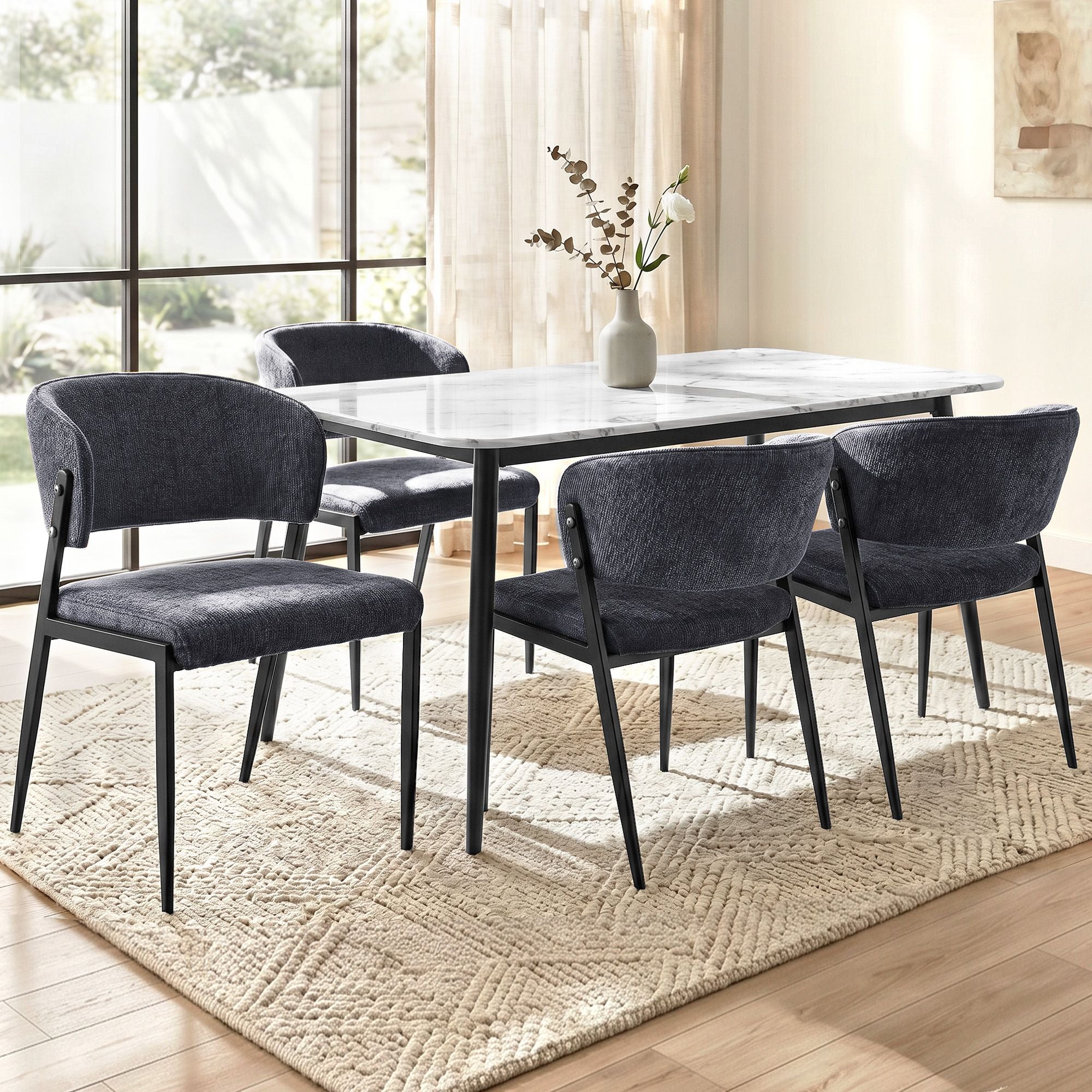 Set of 4 Linen Fabric Upholstered Dining Chairs - Charcoal