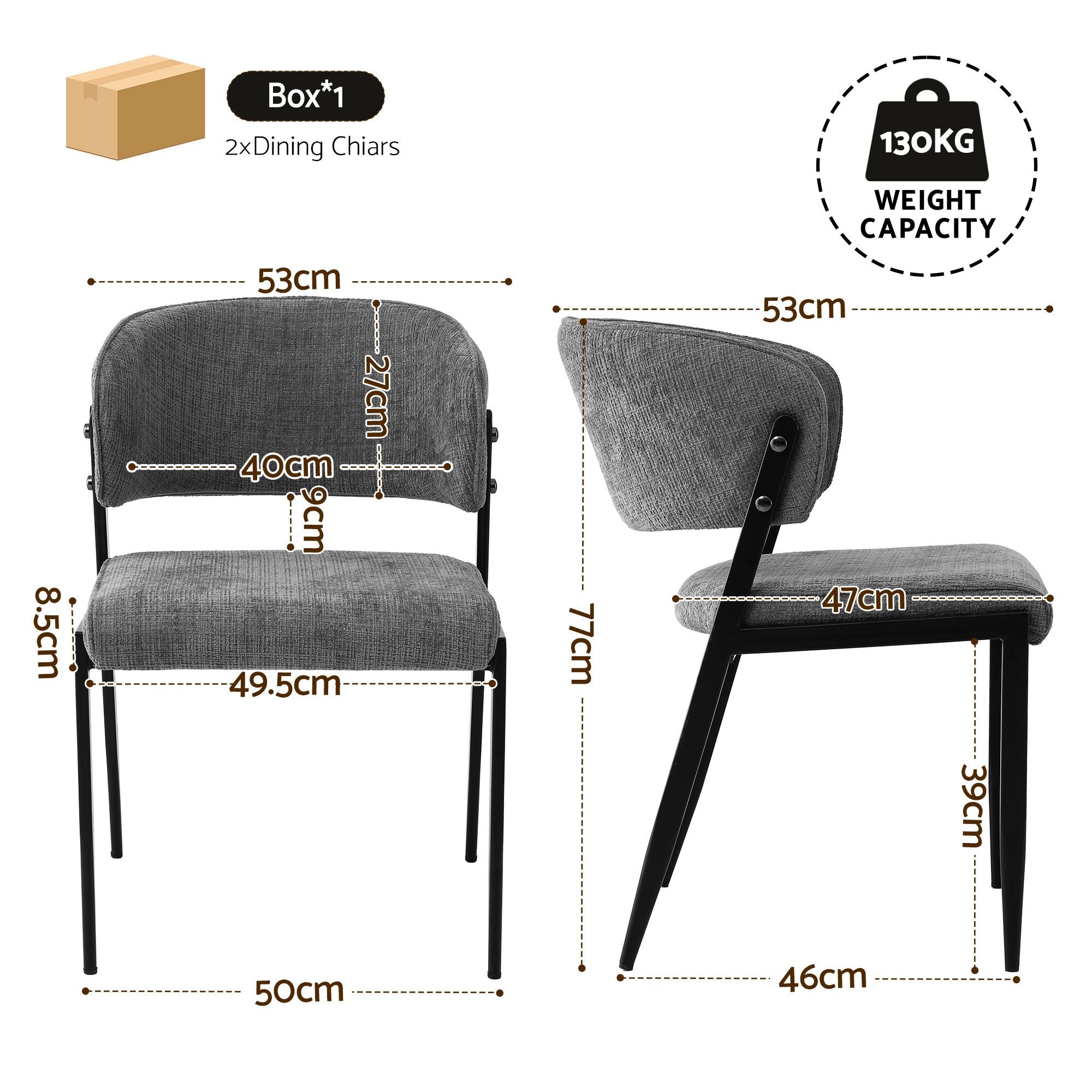 Set of 2 Linen Fabric Upholstered Dining Chairs with Metal Frame - Grey