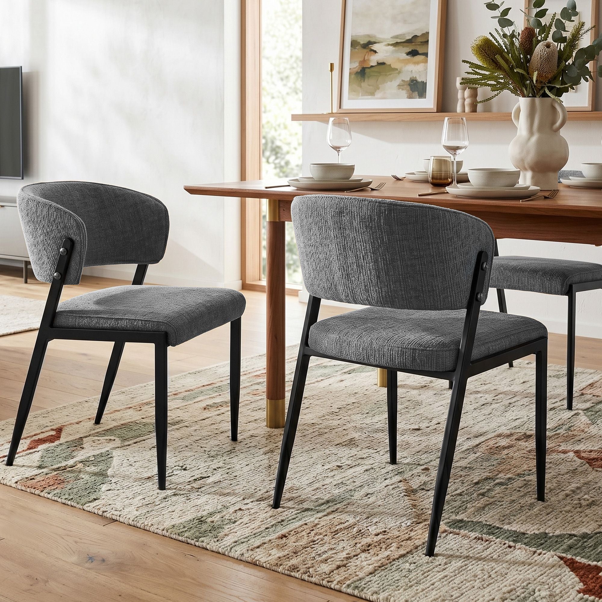 Set of 2 Linen Fabric Upholstered Dining Chairs with Metal Frame - Grey