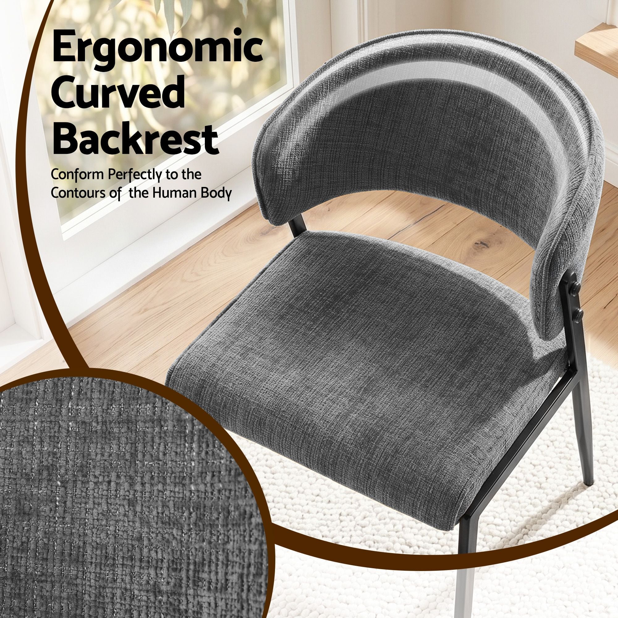 Set of 2 Linen Fabric Upholstered Dining Chairs with Metal Frame - Grey