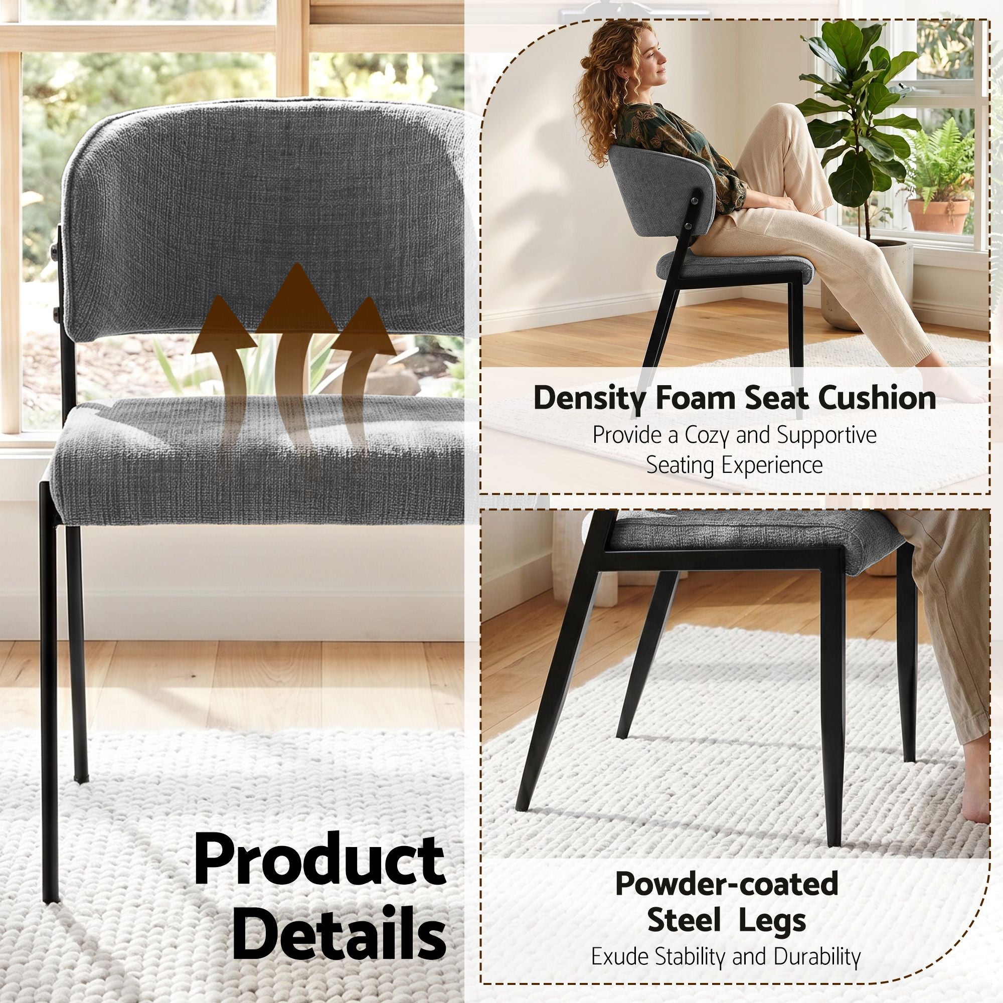 Set of 2 Linen Fabric Upholstered Dining Chairs with Metal Frame - Grey