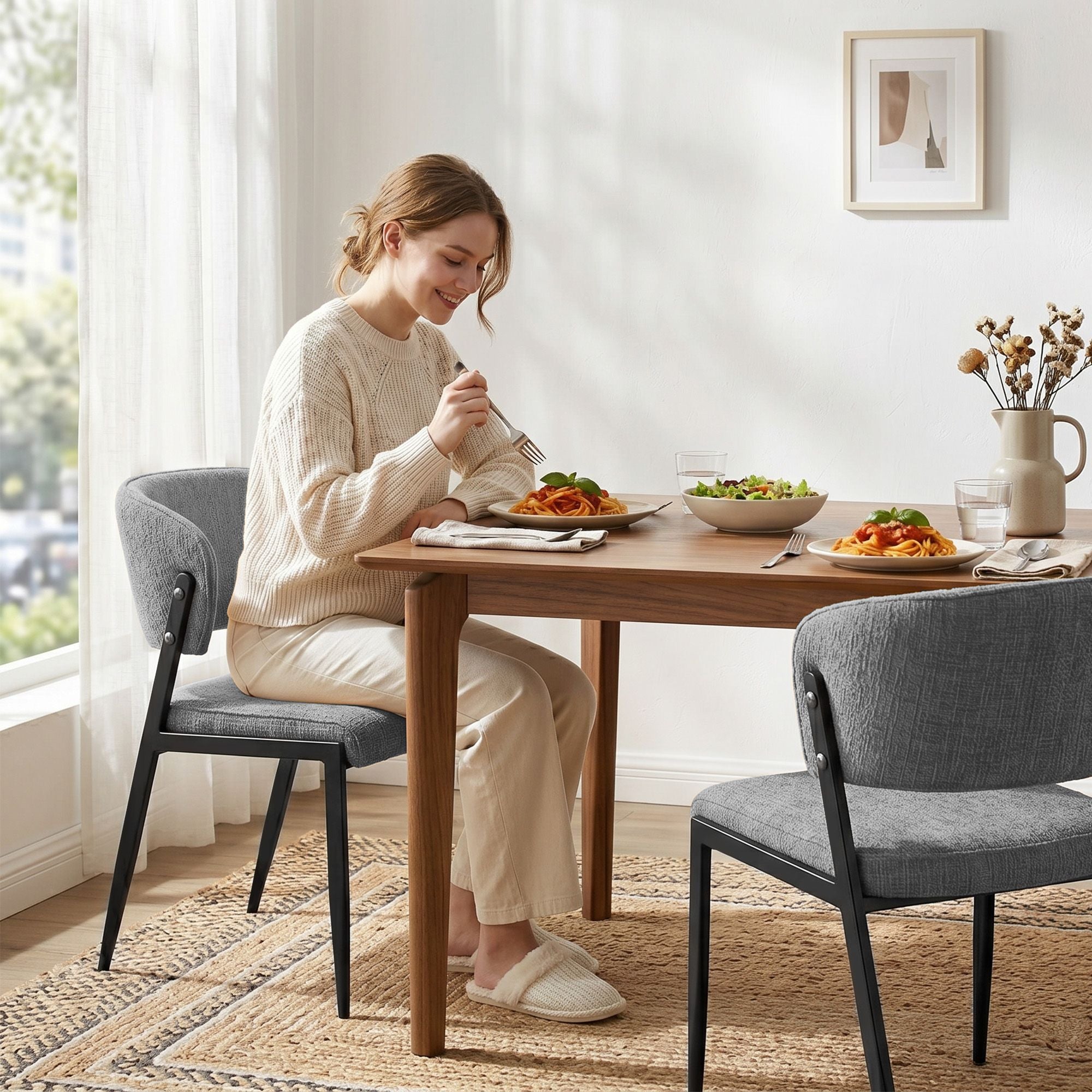 Set of 2 Linen Fabric Upholstered Dining Chairs with Metal Frame - Grey