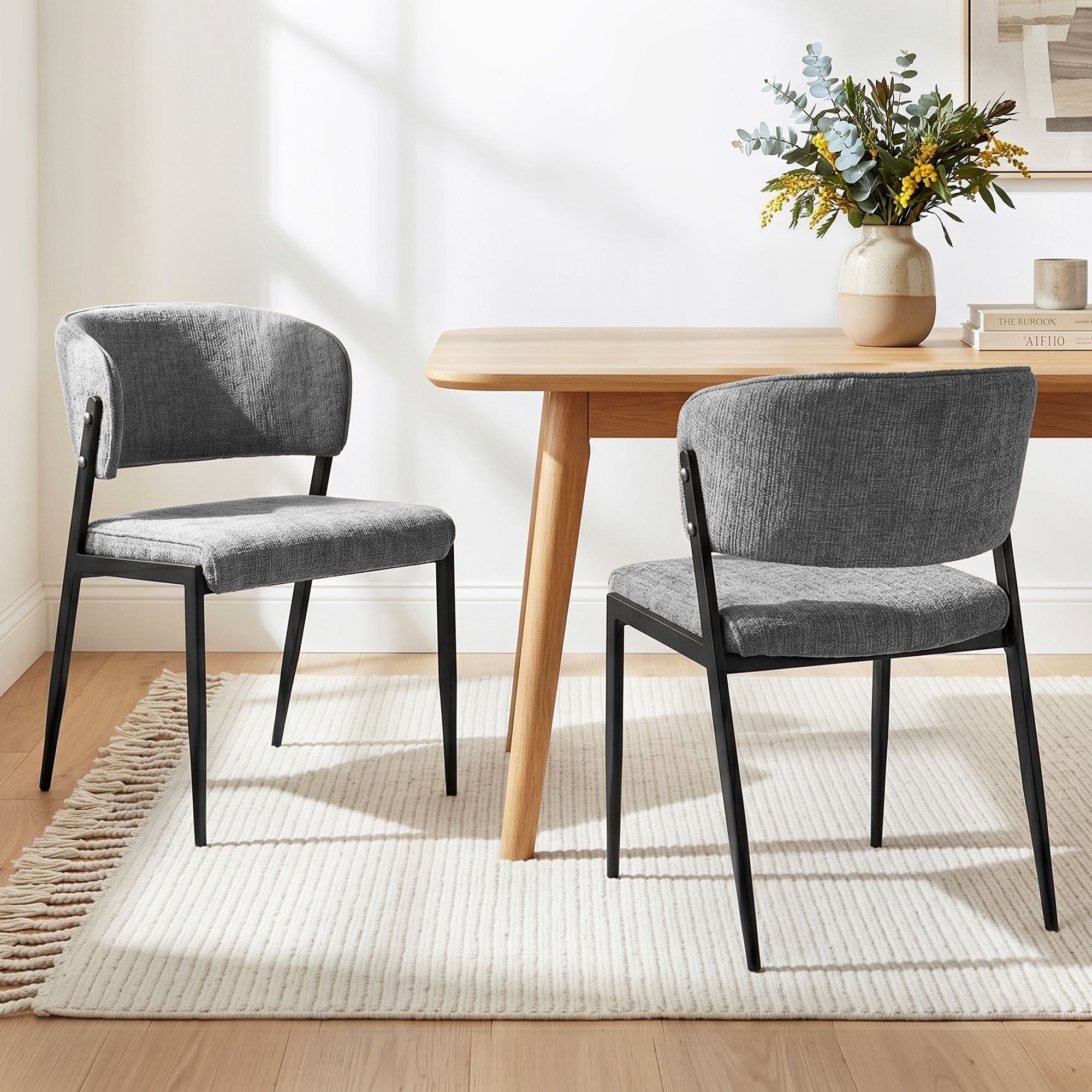 Set of 2 Linen Fabric Upholstered Dining Chairs with Metal Frame - Grey
