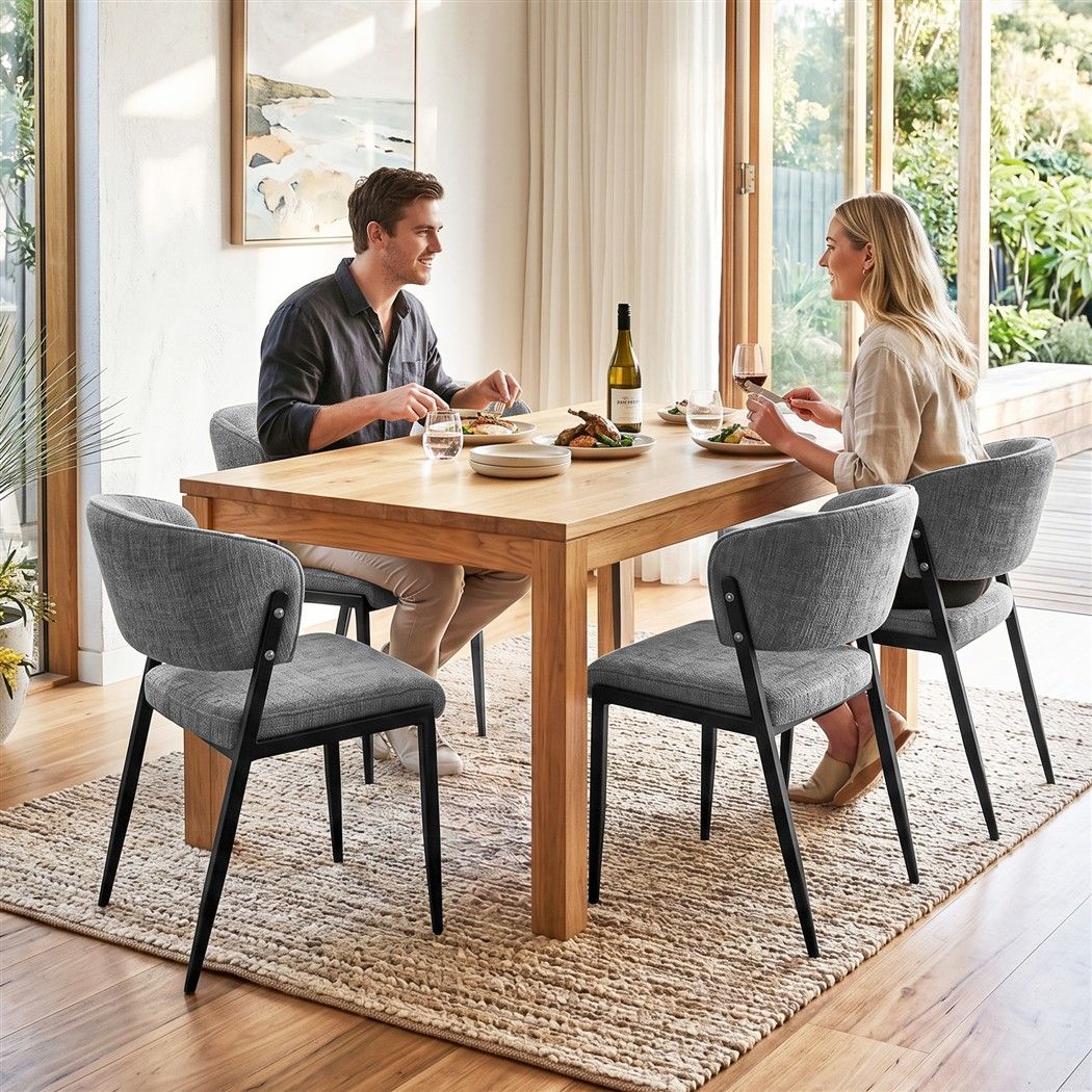 Set of 4 Linen Fabric Upholstered Dining Chairs - Grey