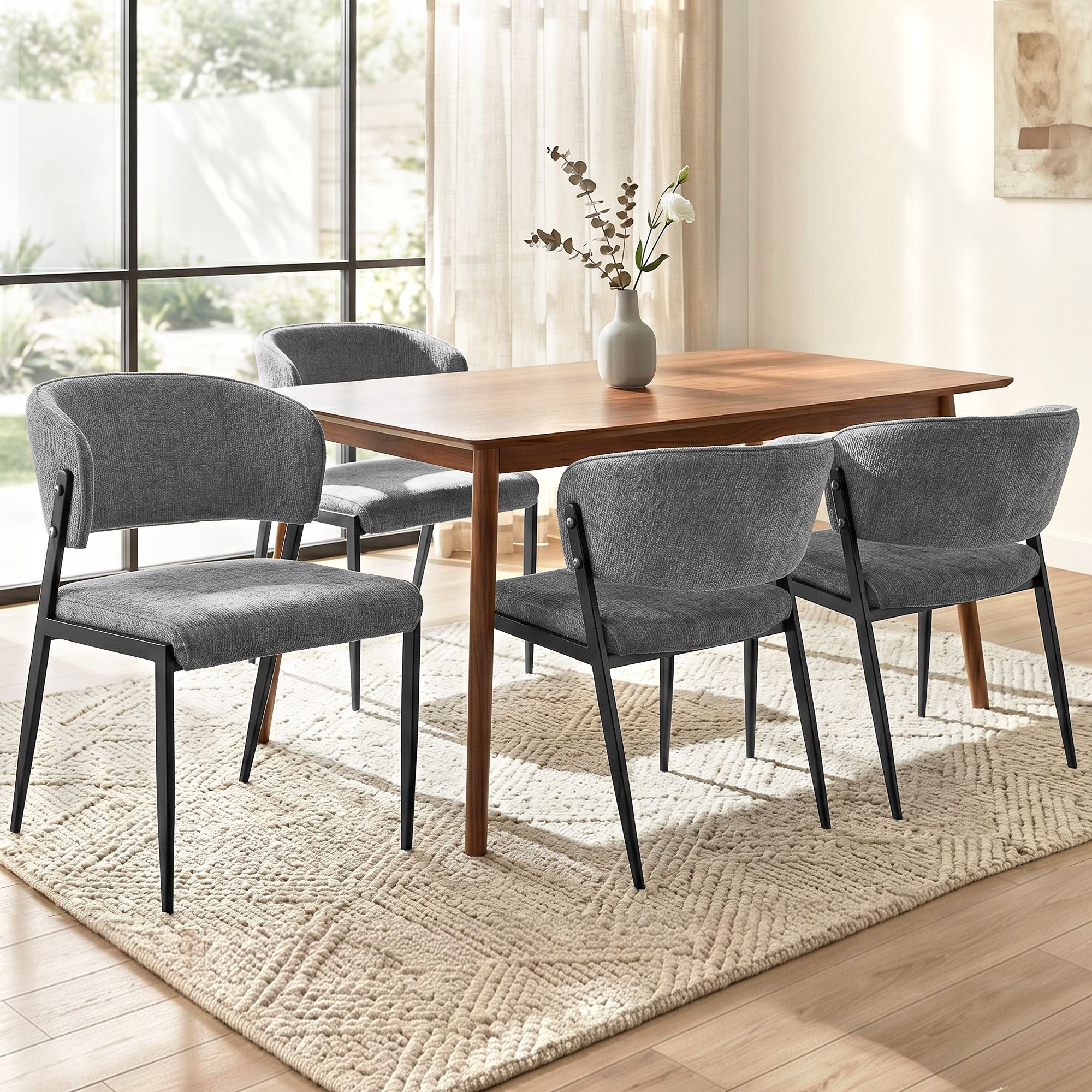 Set of 4 Linen Fabric Upholstered Dining Chairs - Grey