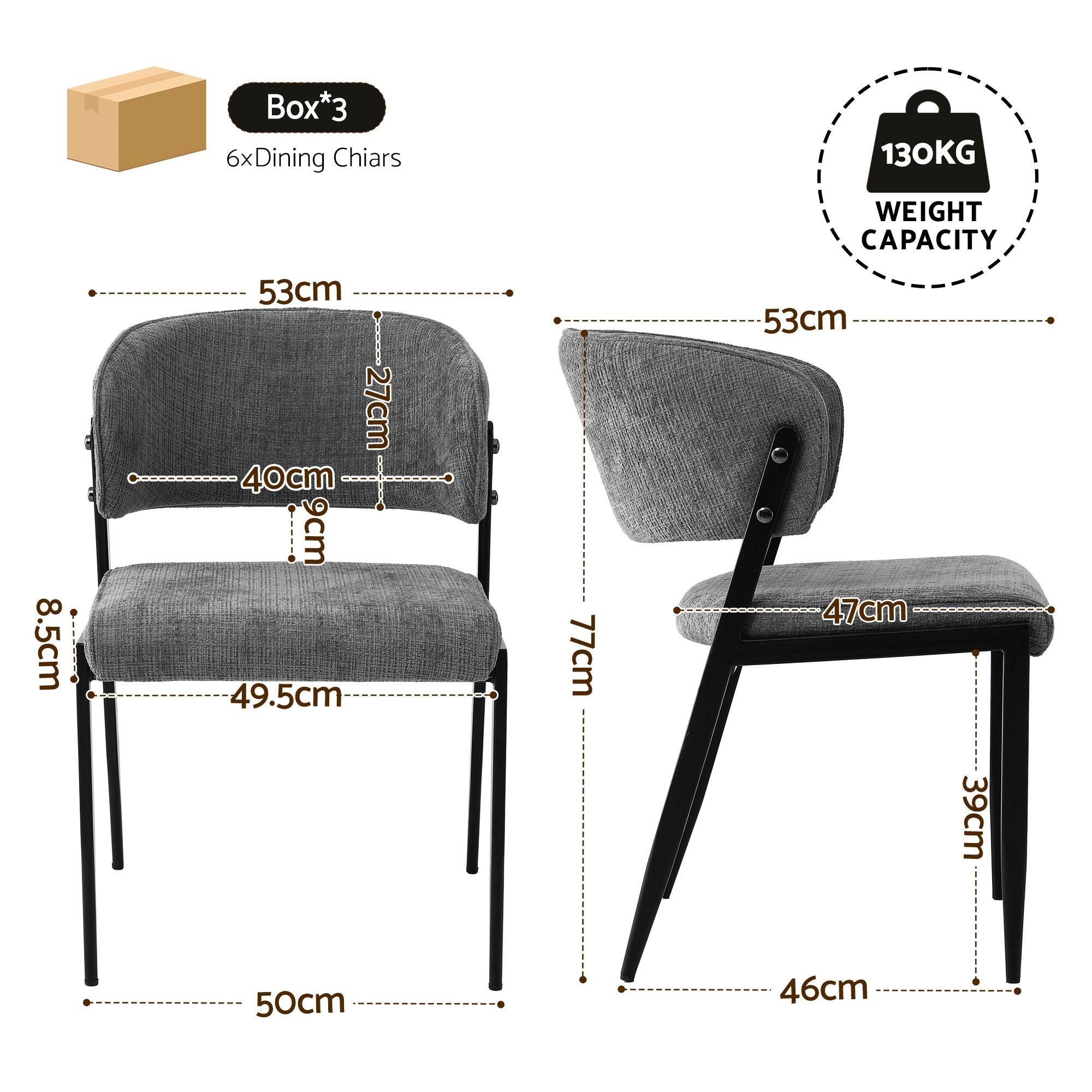 Set of 6 Linen Fabric Upholstered Dining Chairs - Grey