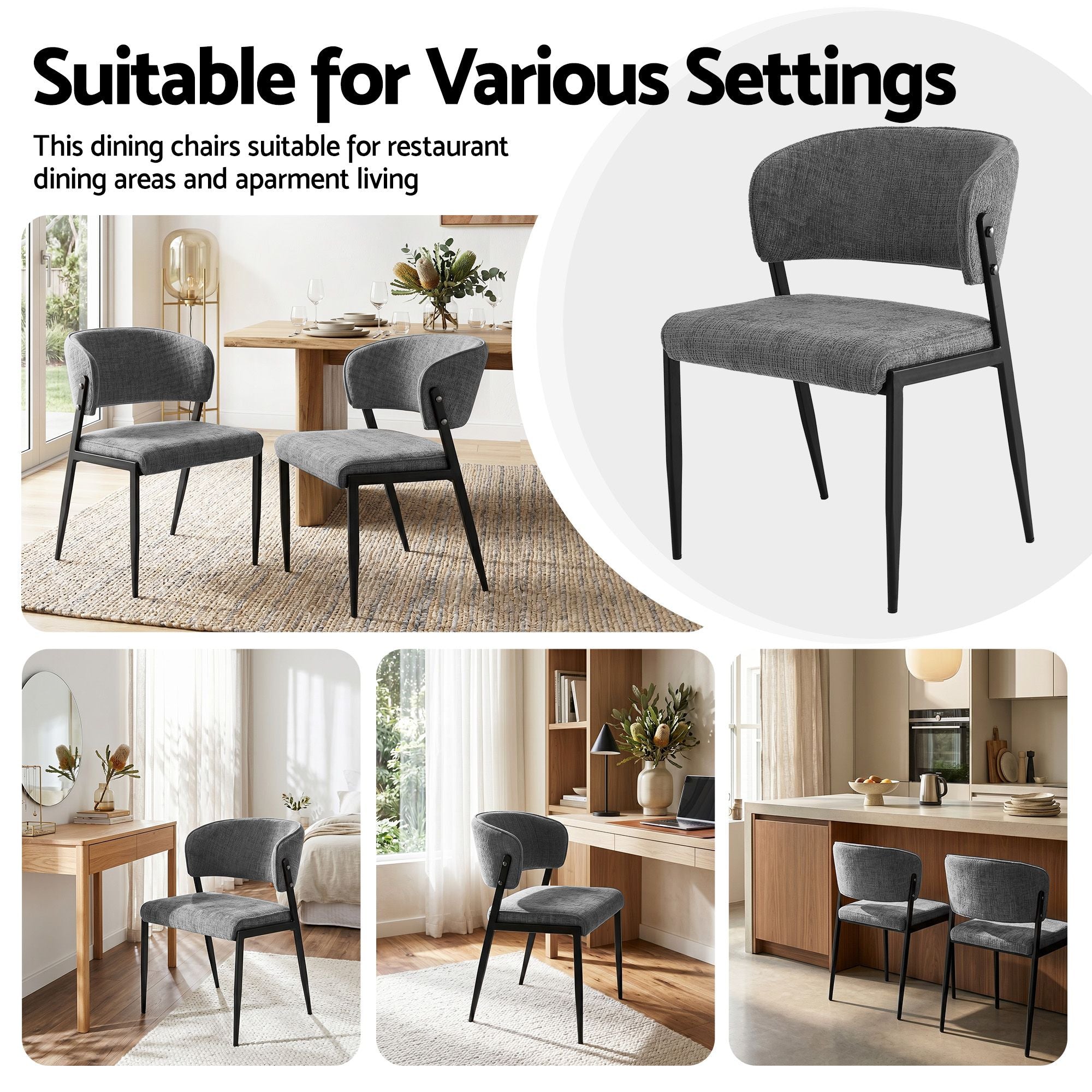 Set of 6 Linen Fabric Upholstered Dining Chairs - Grey