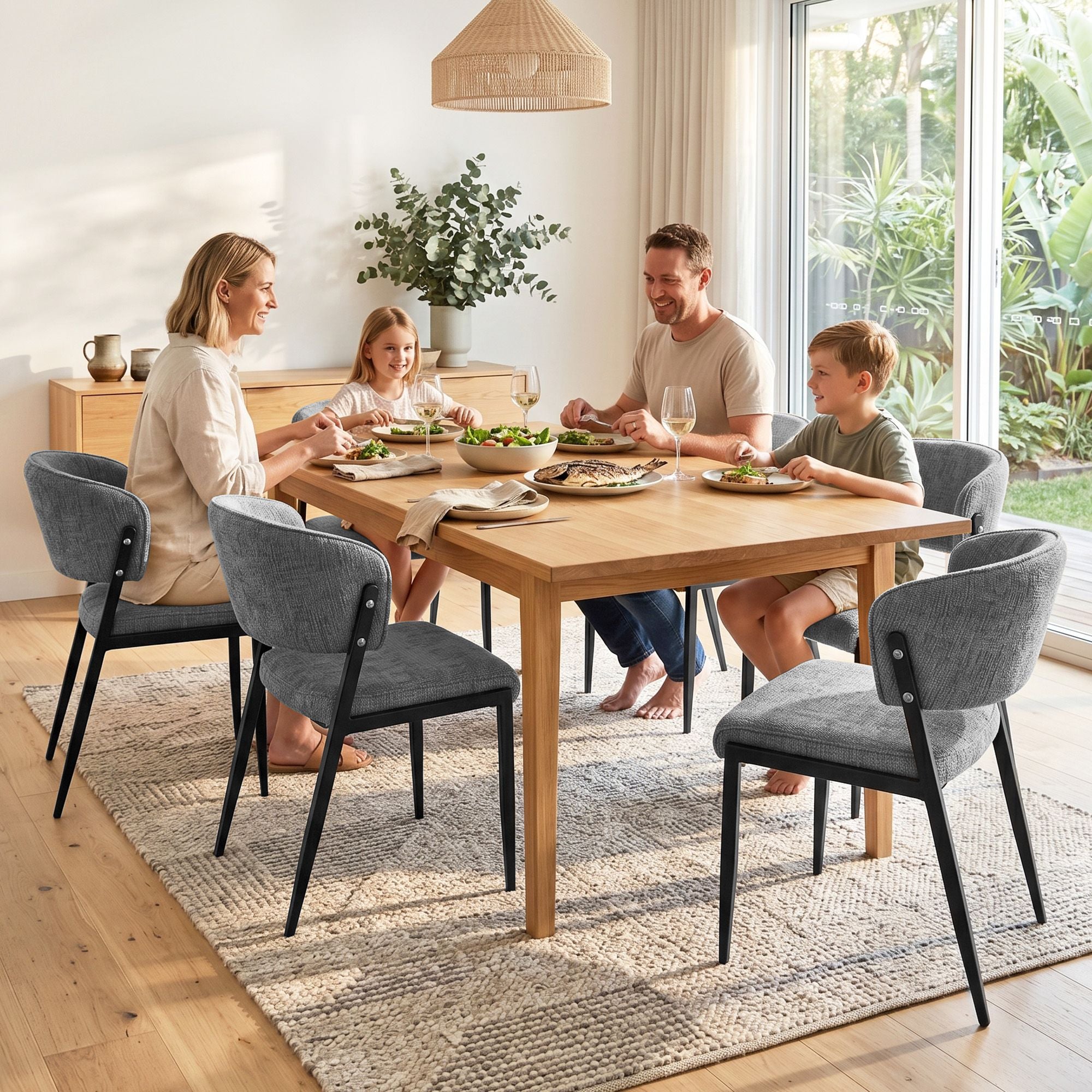 Set of 6 Linen Fabric Upholstered Dining Chairs - Grey