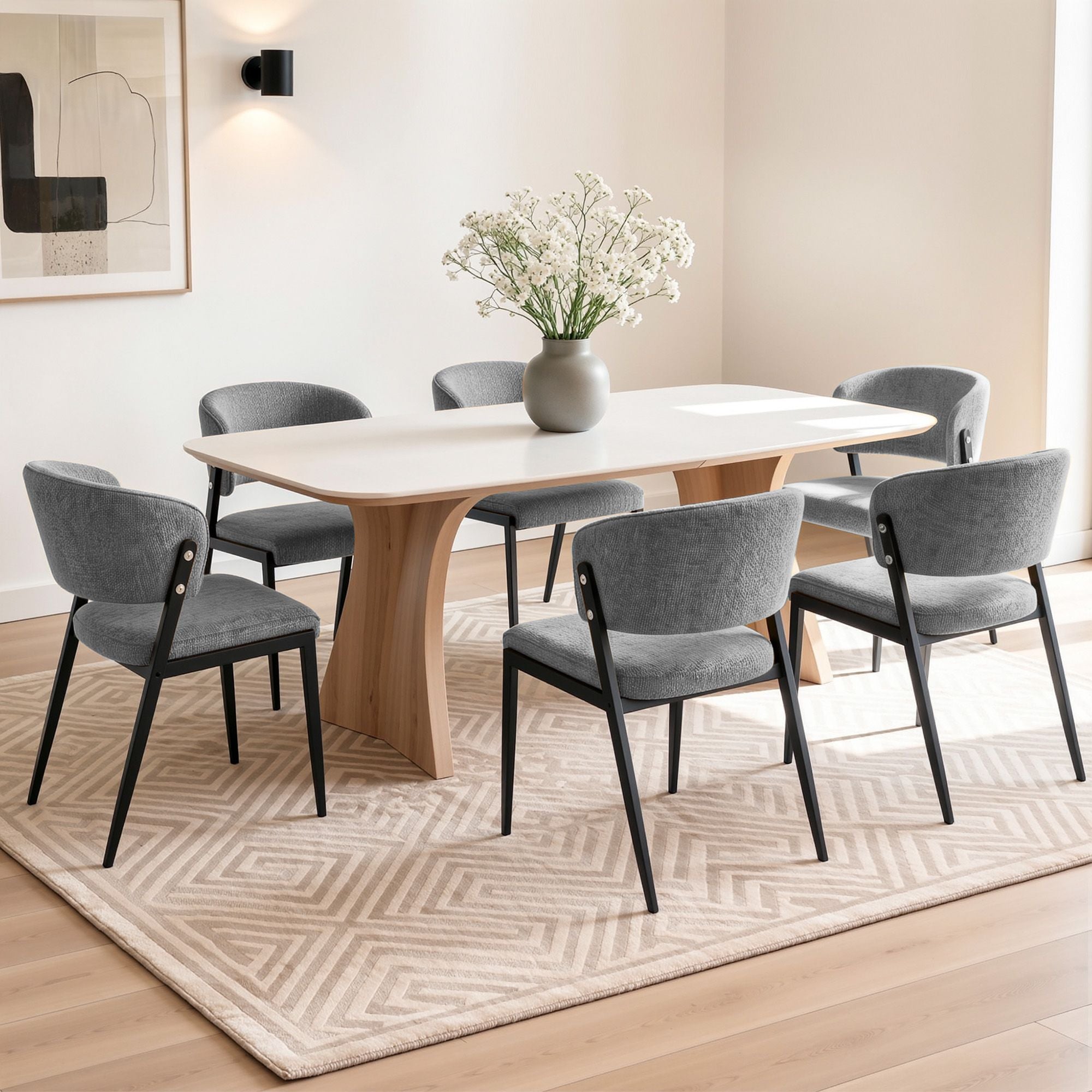 Set of 6 Linen Fabric Upholstered Dining Chairs - Grey