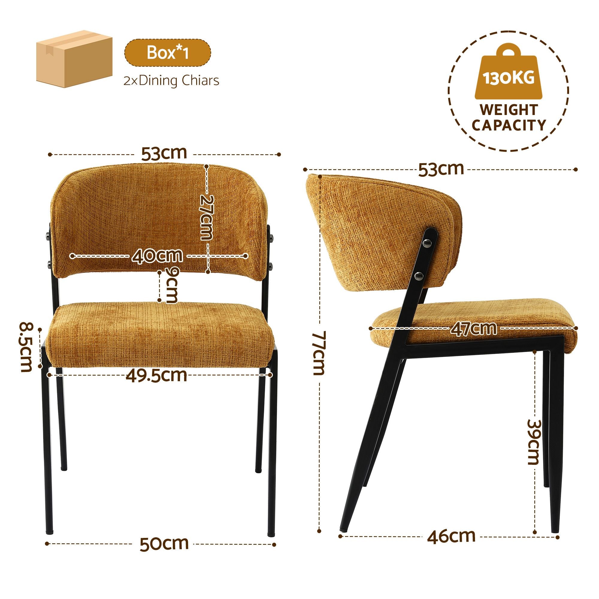 Set of 2 Linen Upholstered Dining Chairs with Metal Frame - Mustard