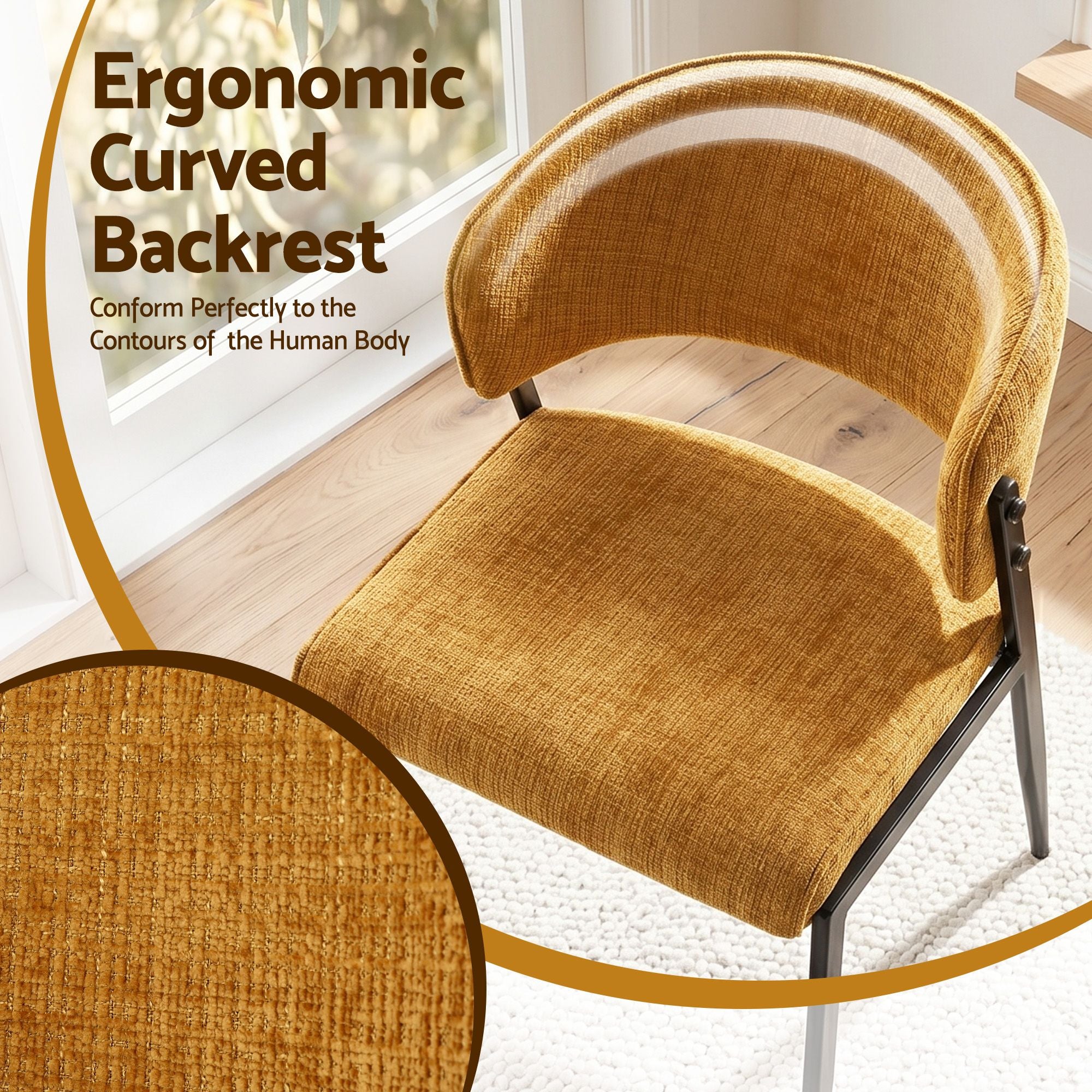 Set of 2 Linen Upholstered Dining Chairs with Metal Frame - Mustard