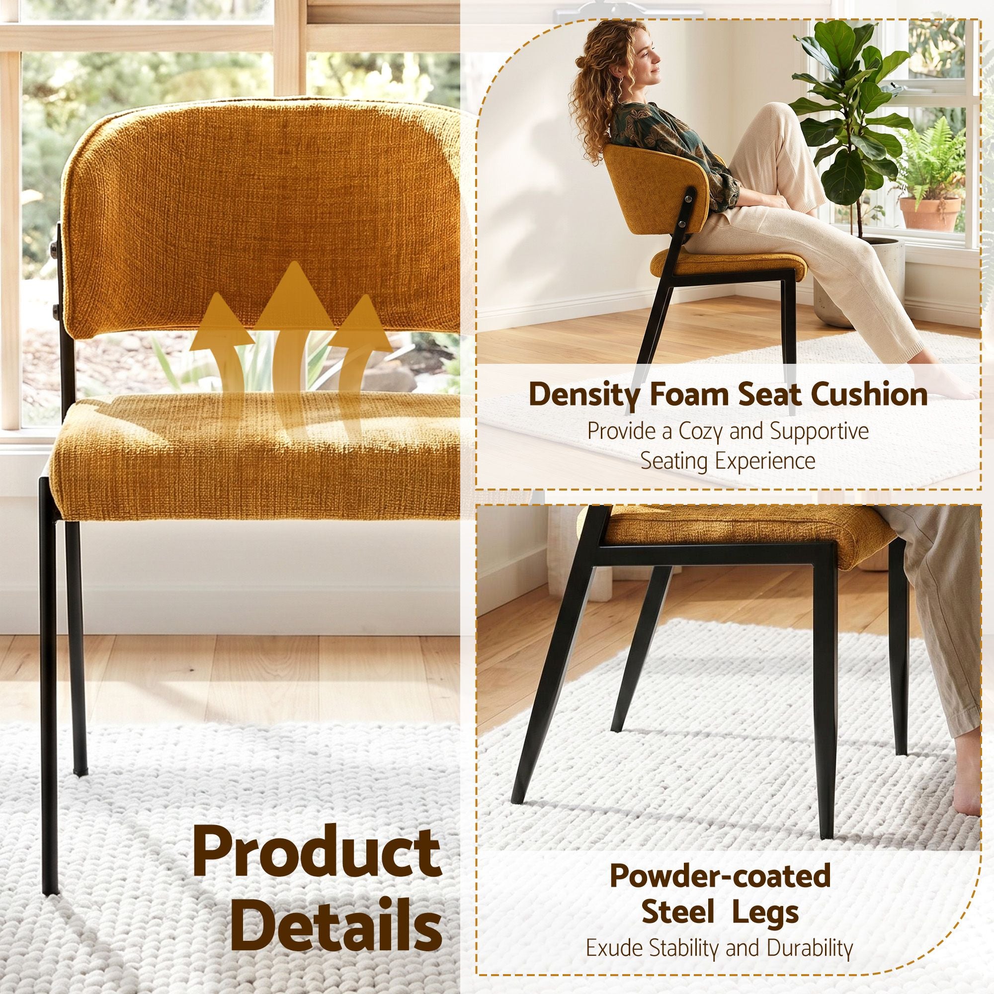 Set of 2 Linen Upholstered Dining Chairs with Metal Frame - Mustard