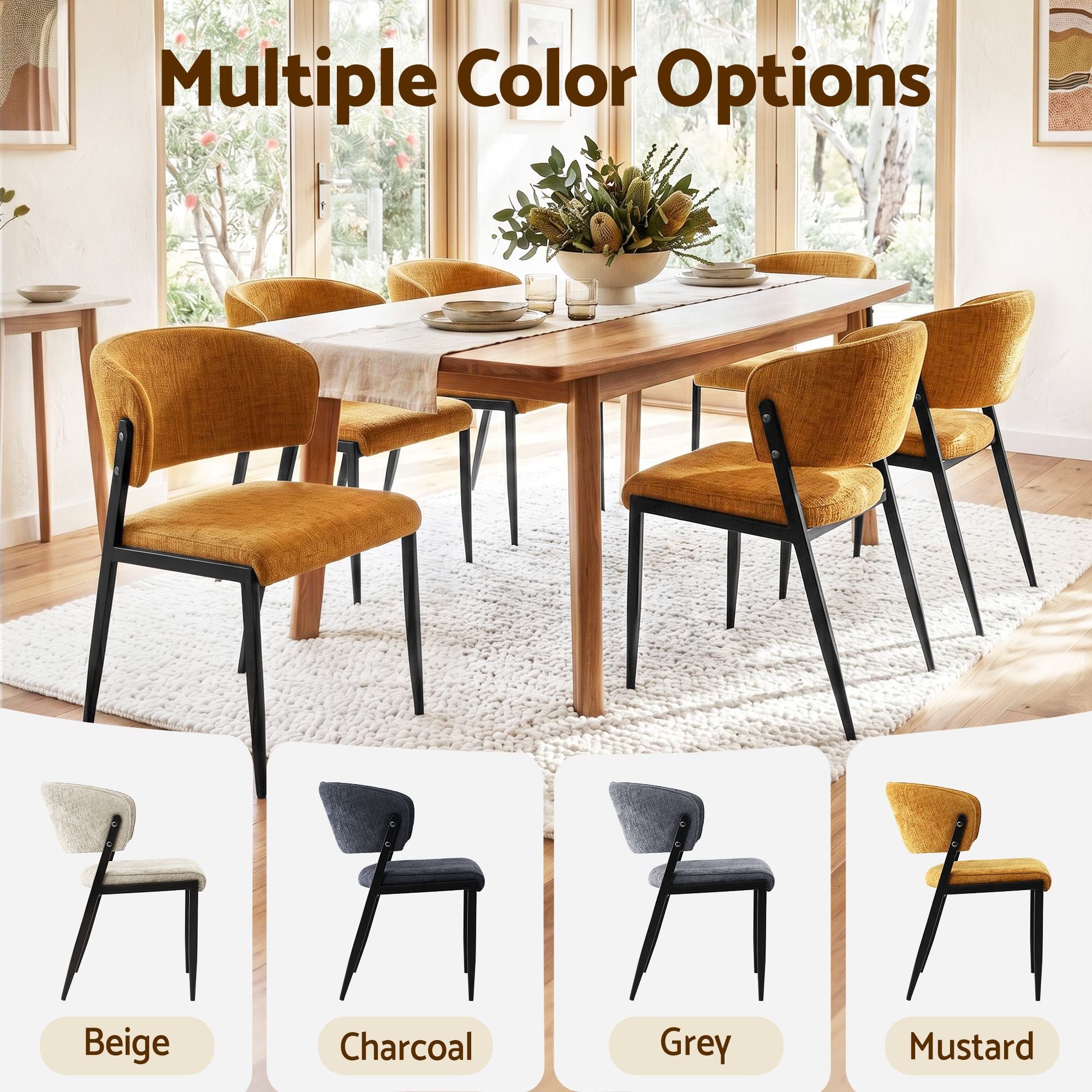 Set of 2 Linen Upholstered Dining Chairs with Metal Frame - Mustard