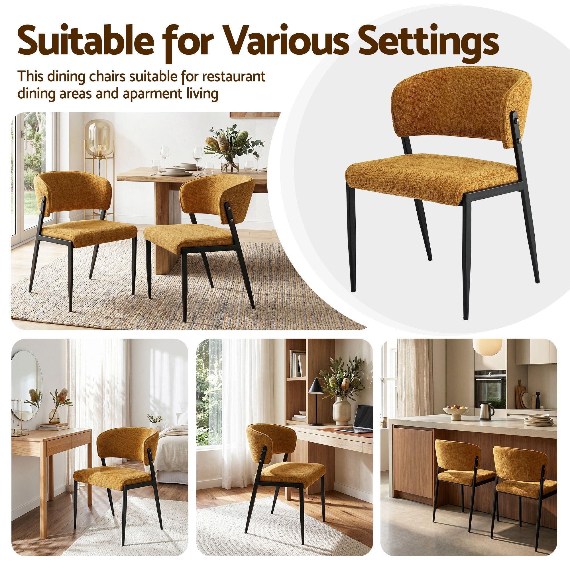 Set of 2 Linen Upholstered Dining Chairs with Metal Frame - Mustard