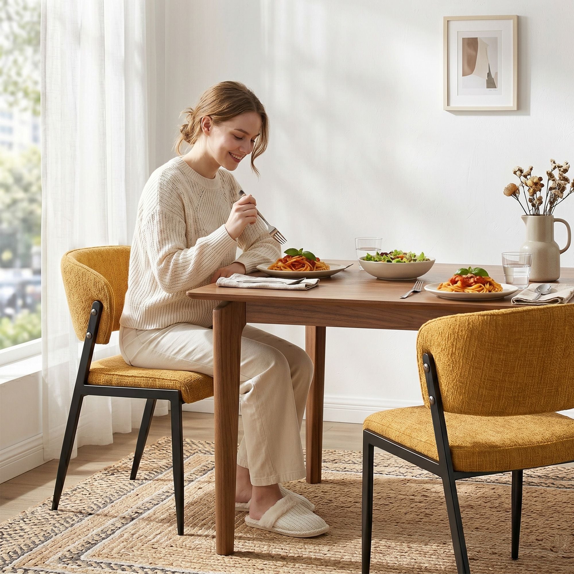 Set of 2 Linen Upholstered Dining Chairs with Metal Frame - Mustard