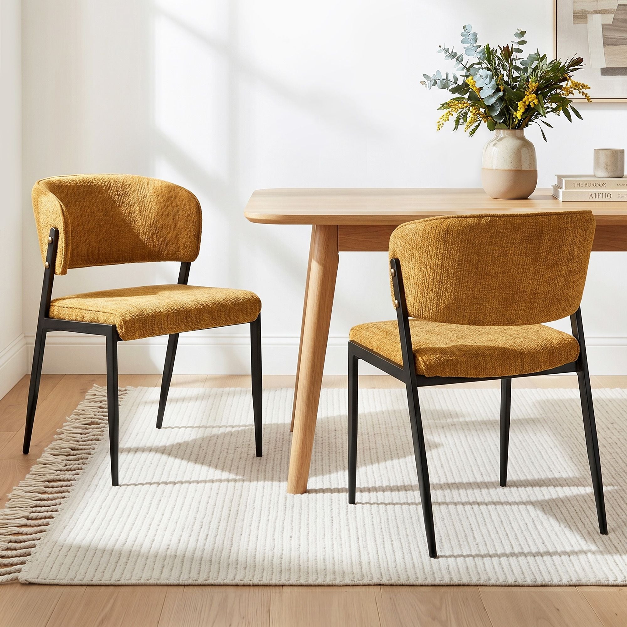 Set of 2 Linen Upholstered Dining Chairs with Metal Frame - Mustard