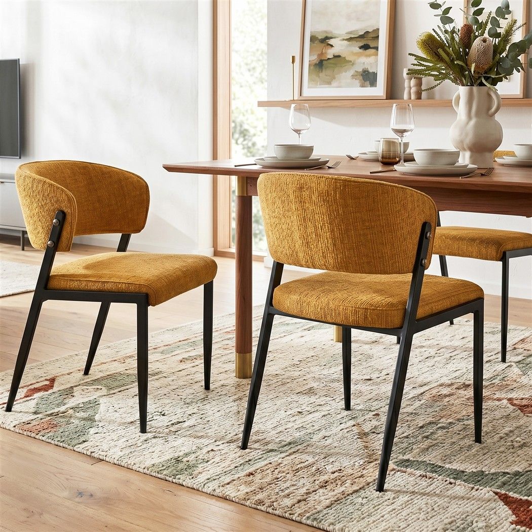 Set of 4 Linen Fabric Upholstered Dining Chairs - Mustard